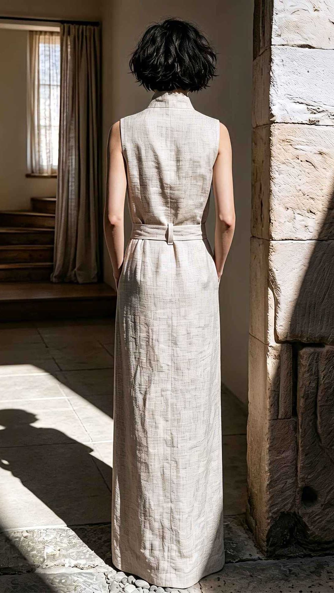Women's Sleeveless Linen Maxi Dress with Stand Collar, Waist Tie, and Vest-Style Bodice