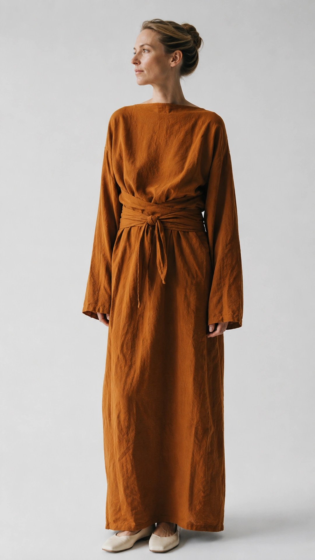 Adjustable Waist Tie Maxi Dress – Elegant Long Sleeve Dress