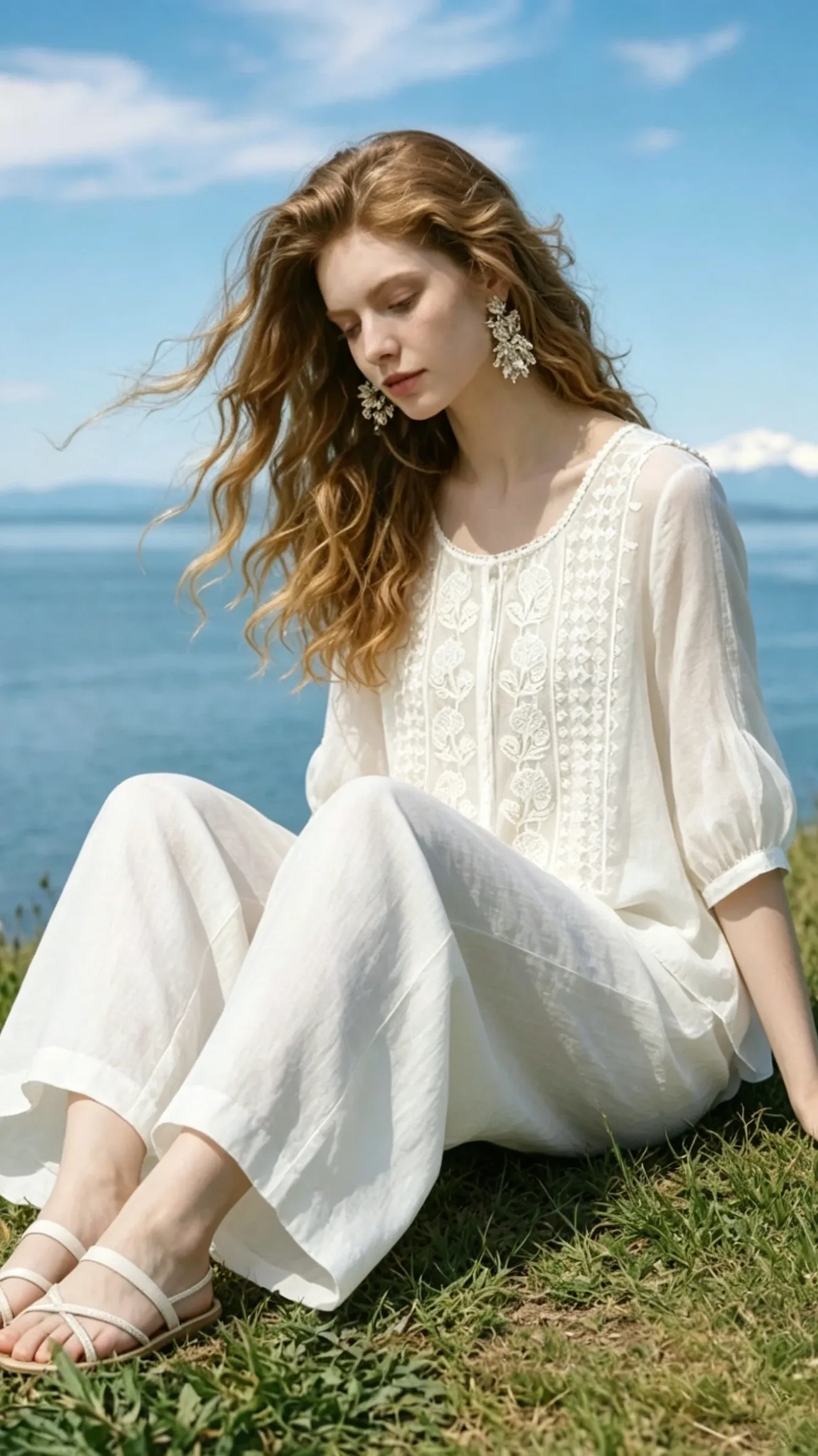 Women's Loose-Fit Cotton-Linen T-Shirt with Elaborate Embroidery-Artsy Vintage Style