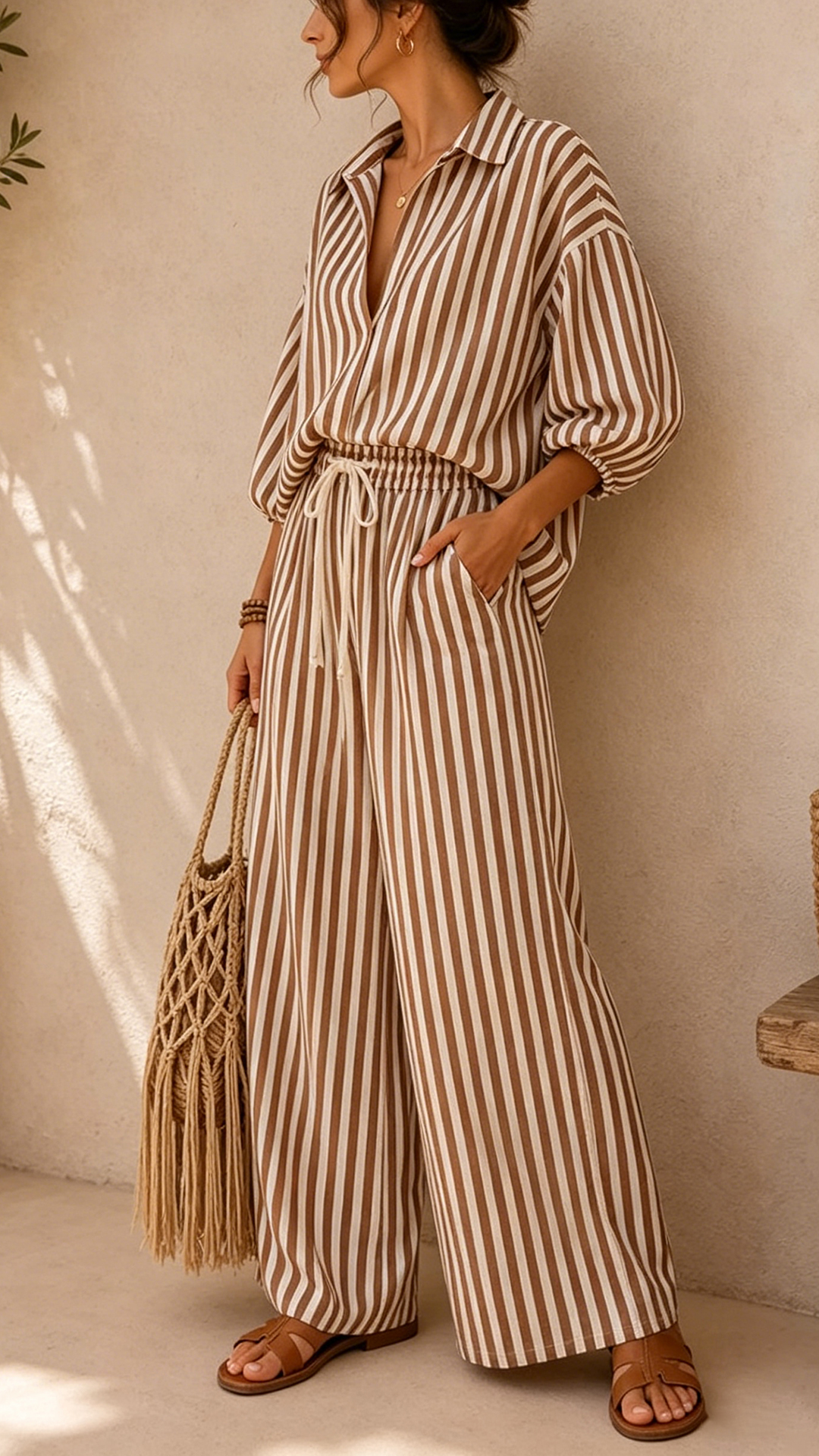 Women's Striped Cotton-Blend Shirt & Wide-Leg Pants Two-Piece Set