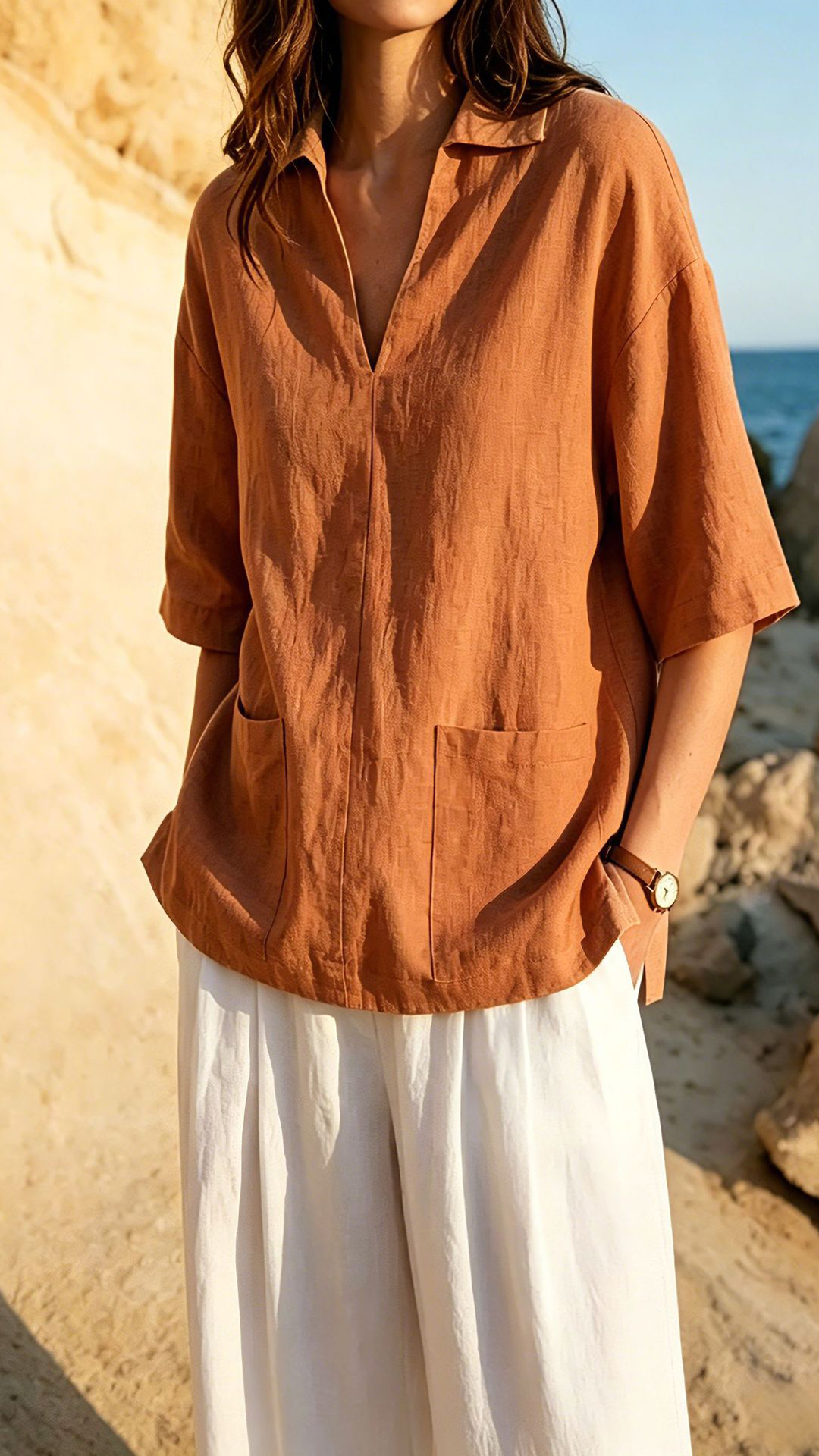 Women's Khaki Collared Mid-sleeve Cotton-blend Blouse