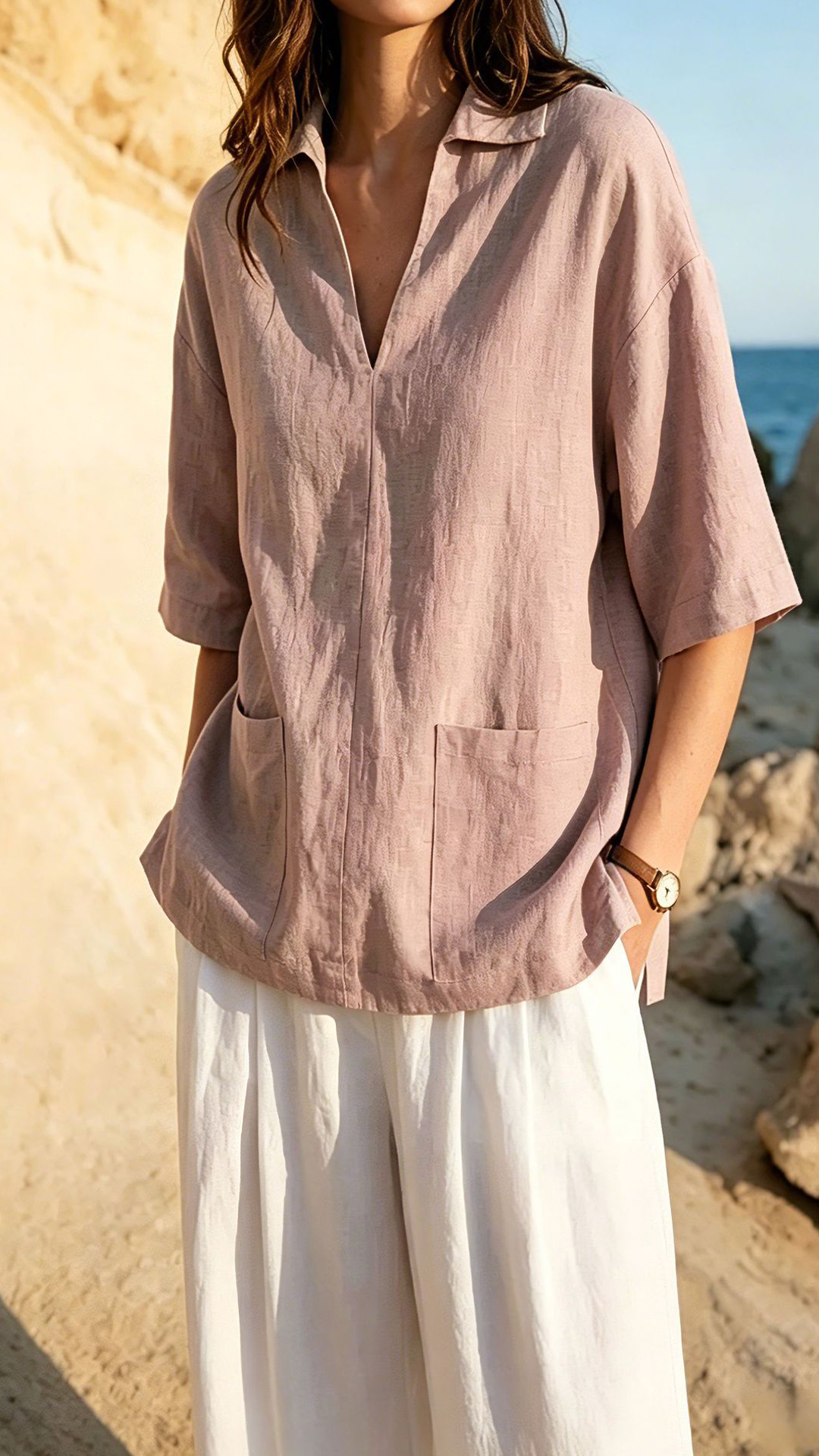 Women's Khaki Collared Mid-sleeve Cotton-blend Blouse