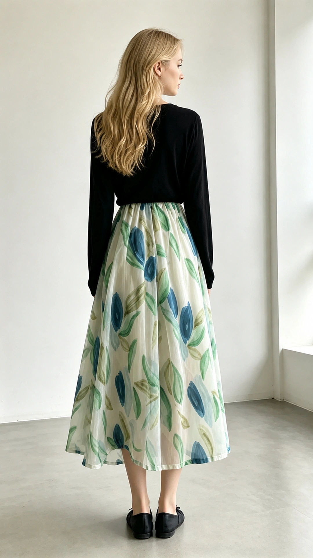 Women's Floral Print A-Line Midi Skirt – Elegant High Waist Flowing Skirt with Blue Green Botanical Pattern