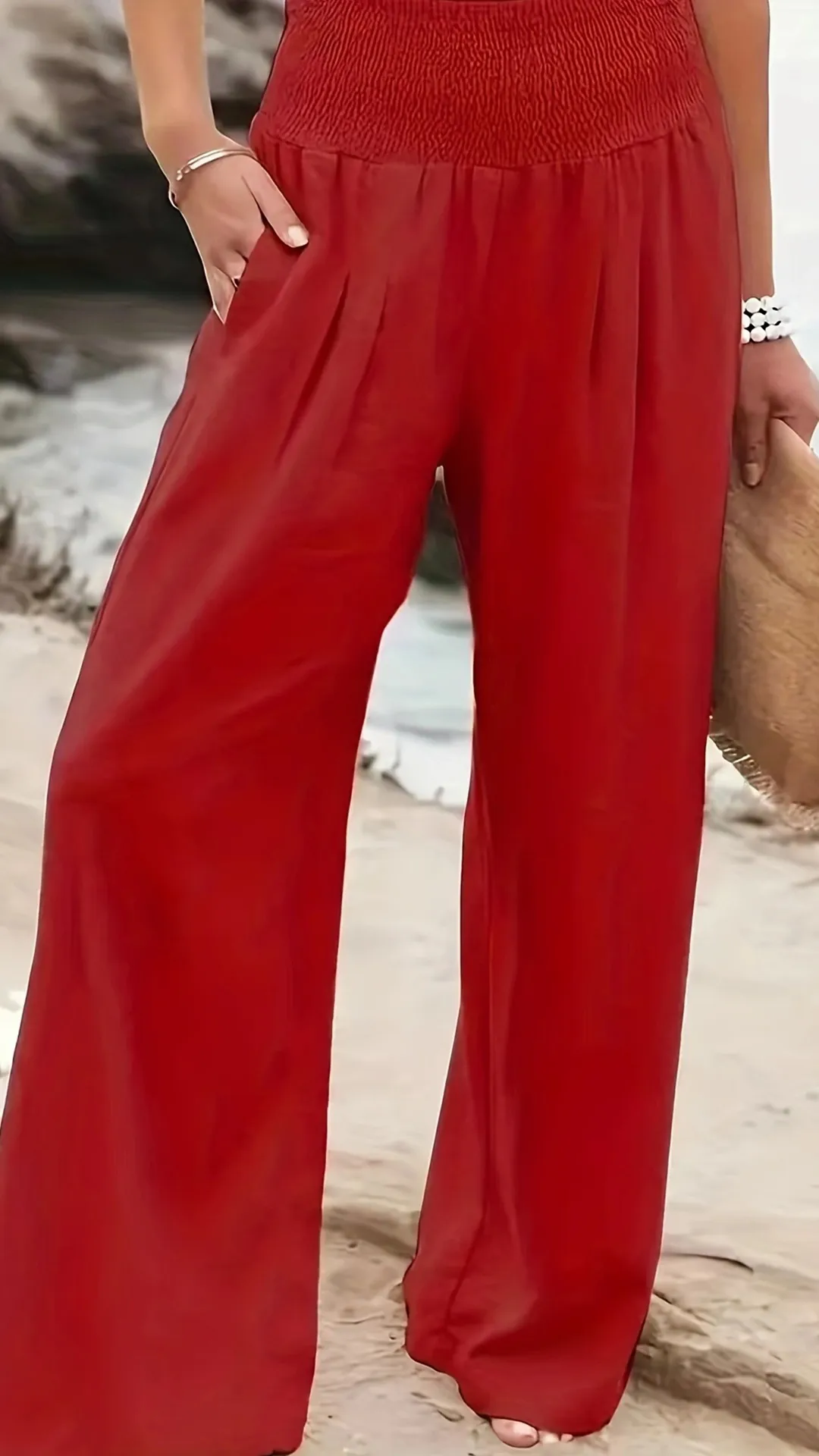 Women's Cotton Blend Smocked High Waist Wide Leg Pants