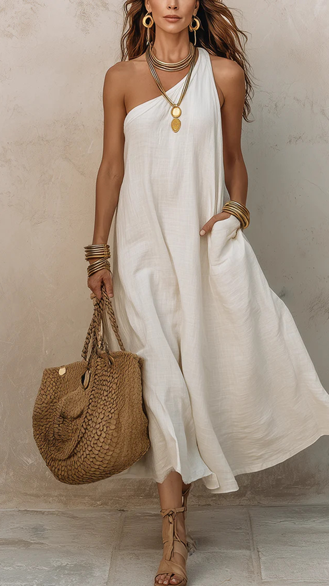 Women's Cotton-Blend One-Shoulder Casual Maxi Dress