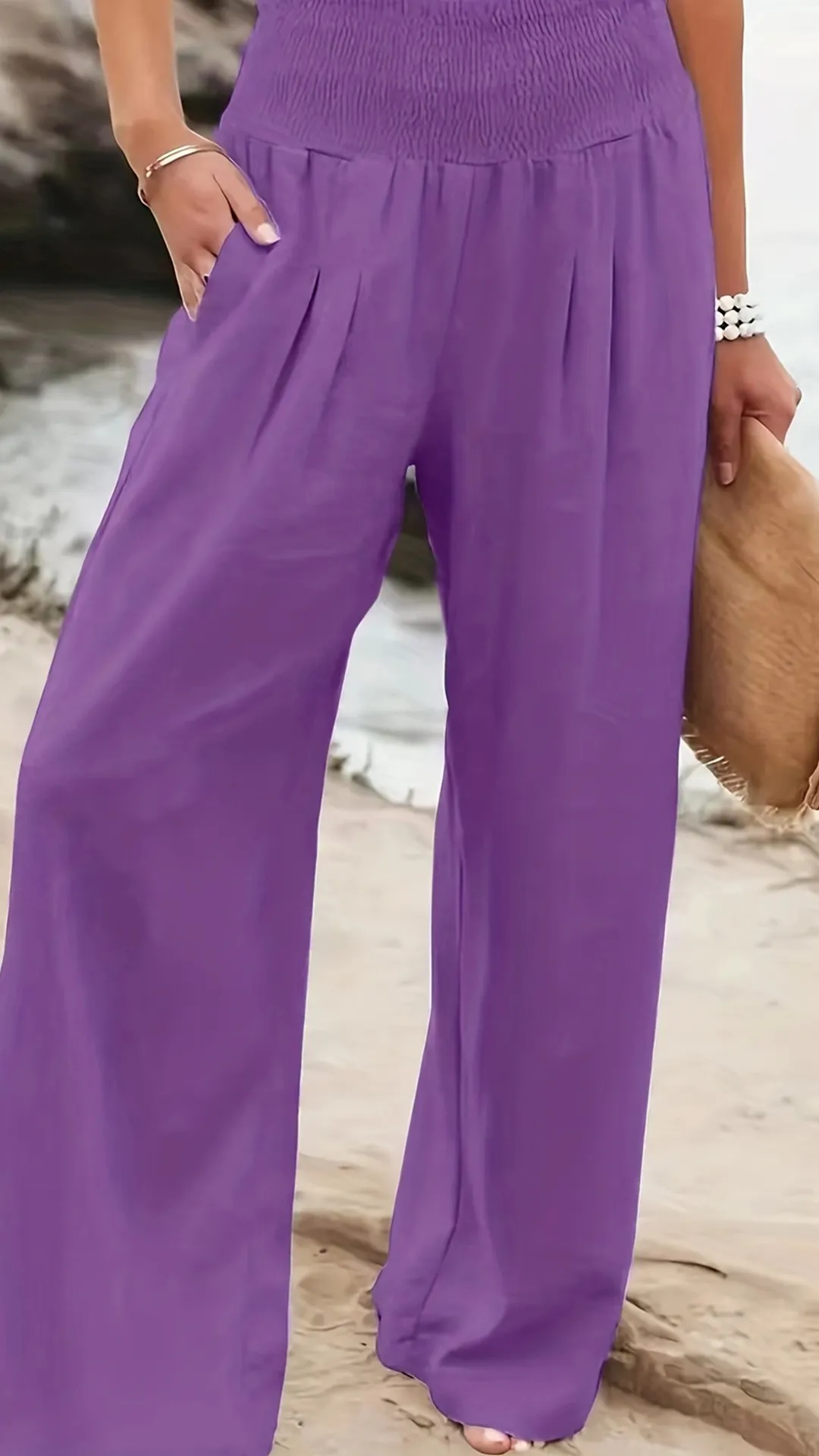 Women's Cotton Blend Smocked High Waist Wide Leg Pants