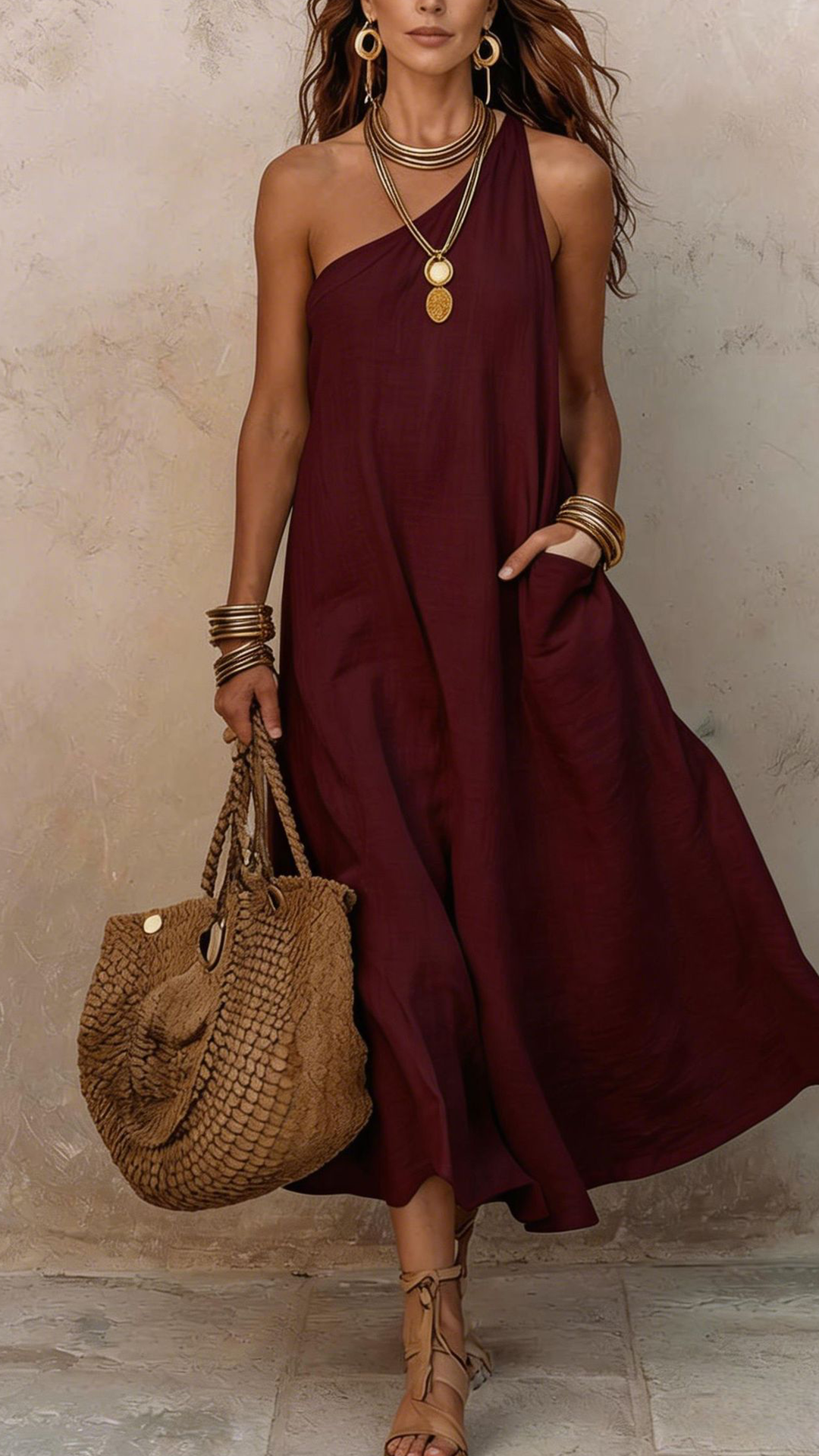 Women's Cotton-Blend One-Shoulder Casual Maxi Dress