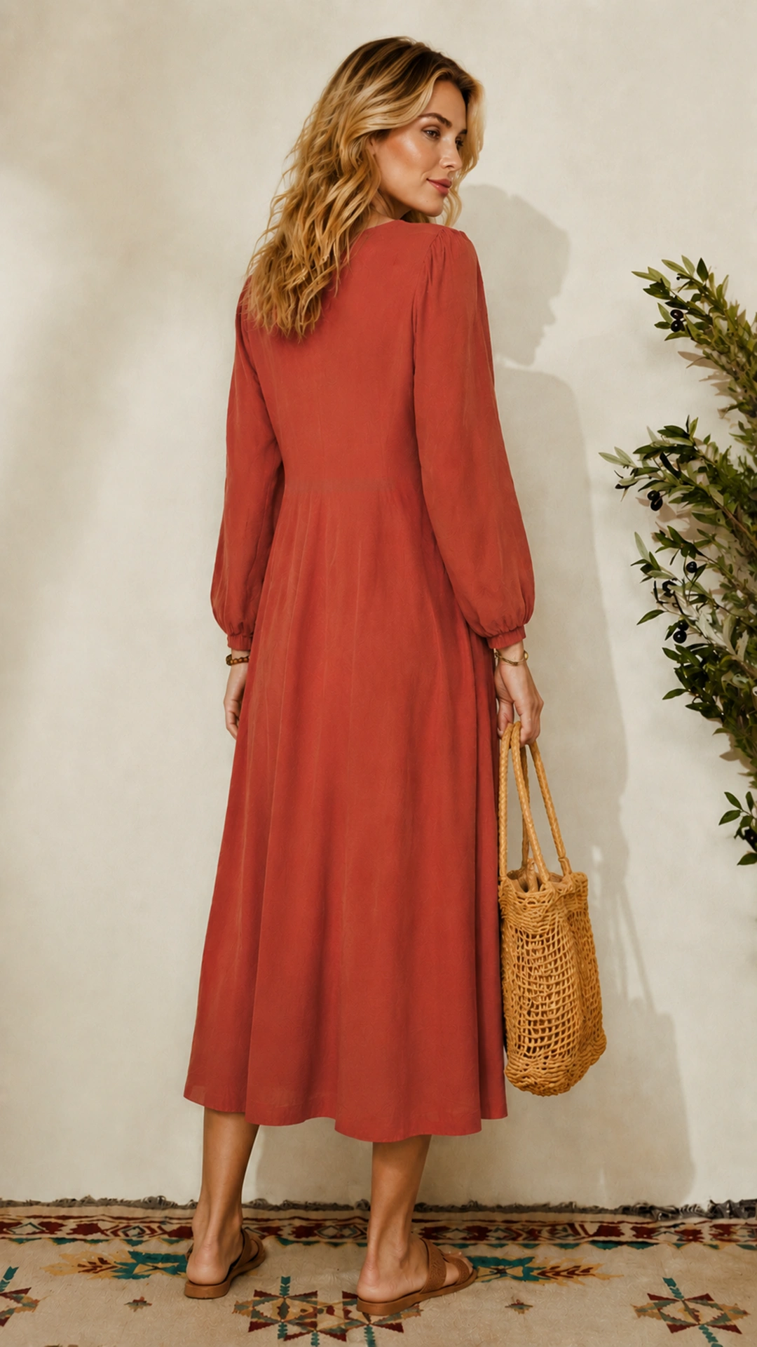 Women's Fashion Loose Fit Lantern Sleeve V Neck Midi Dress