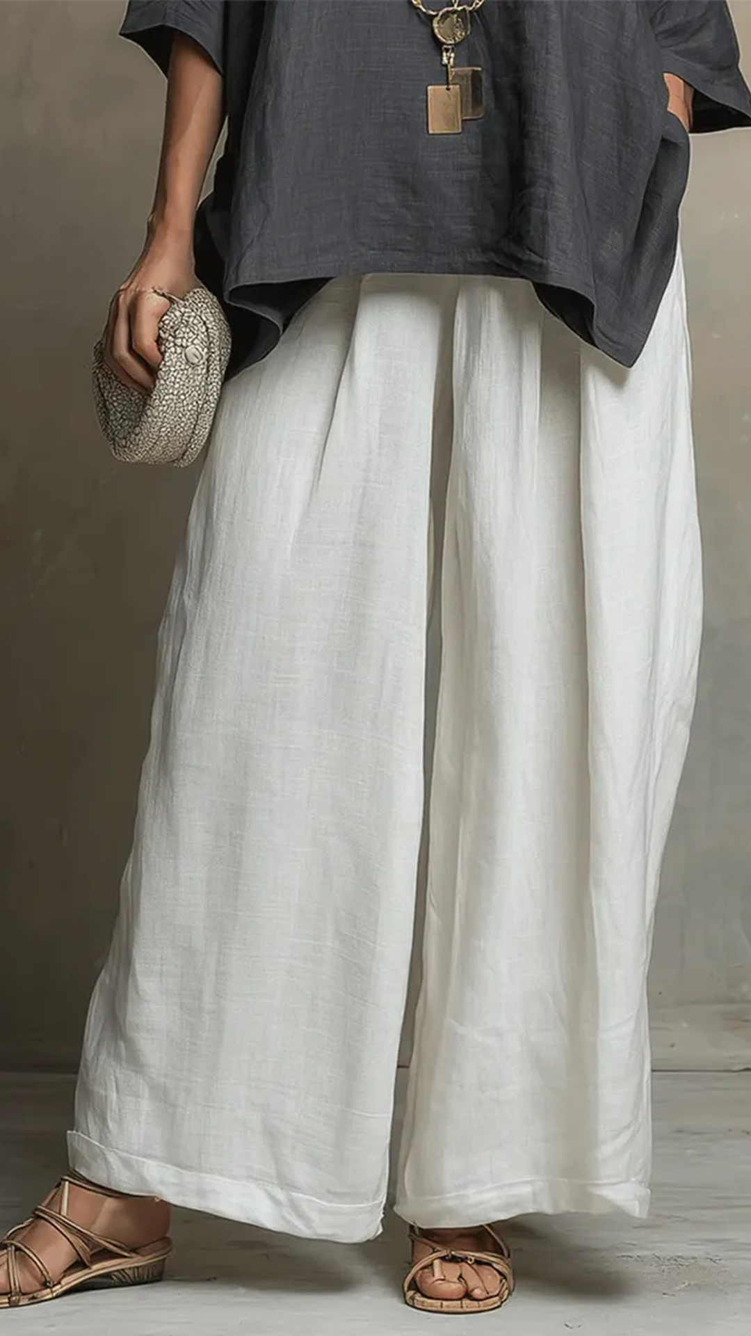 Women's loose-fit linen-blend top and wide-leg trousers set