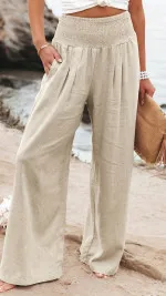Women's Cotton Blend Smocked High Waist Wide Leg Pants