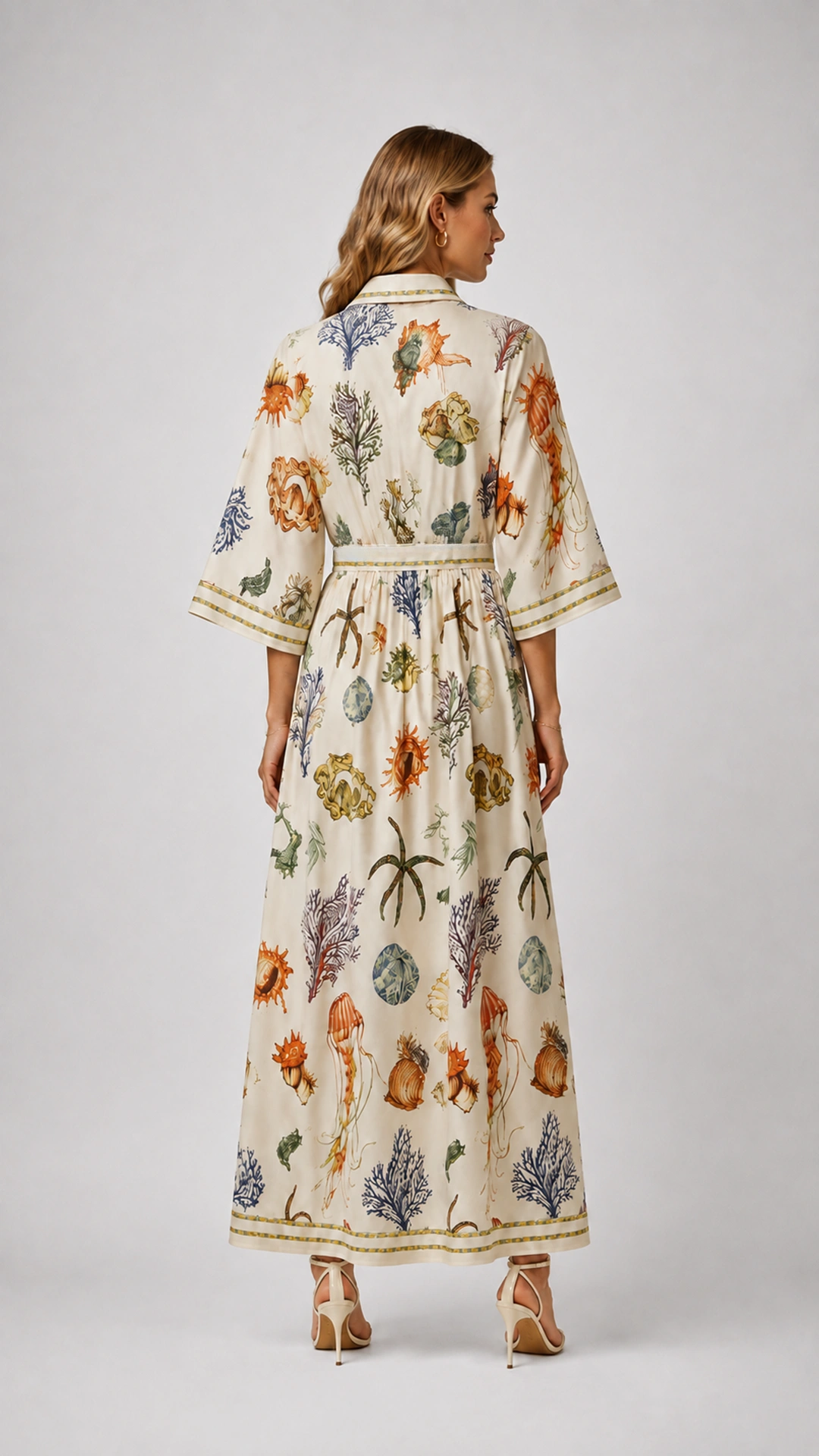 Coastal Print Maxi Dress with Belted Waist