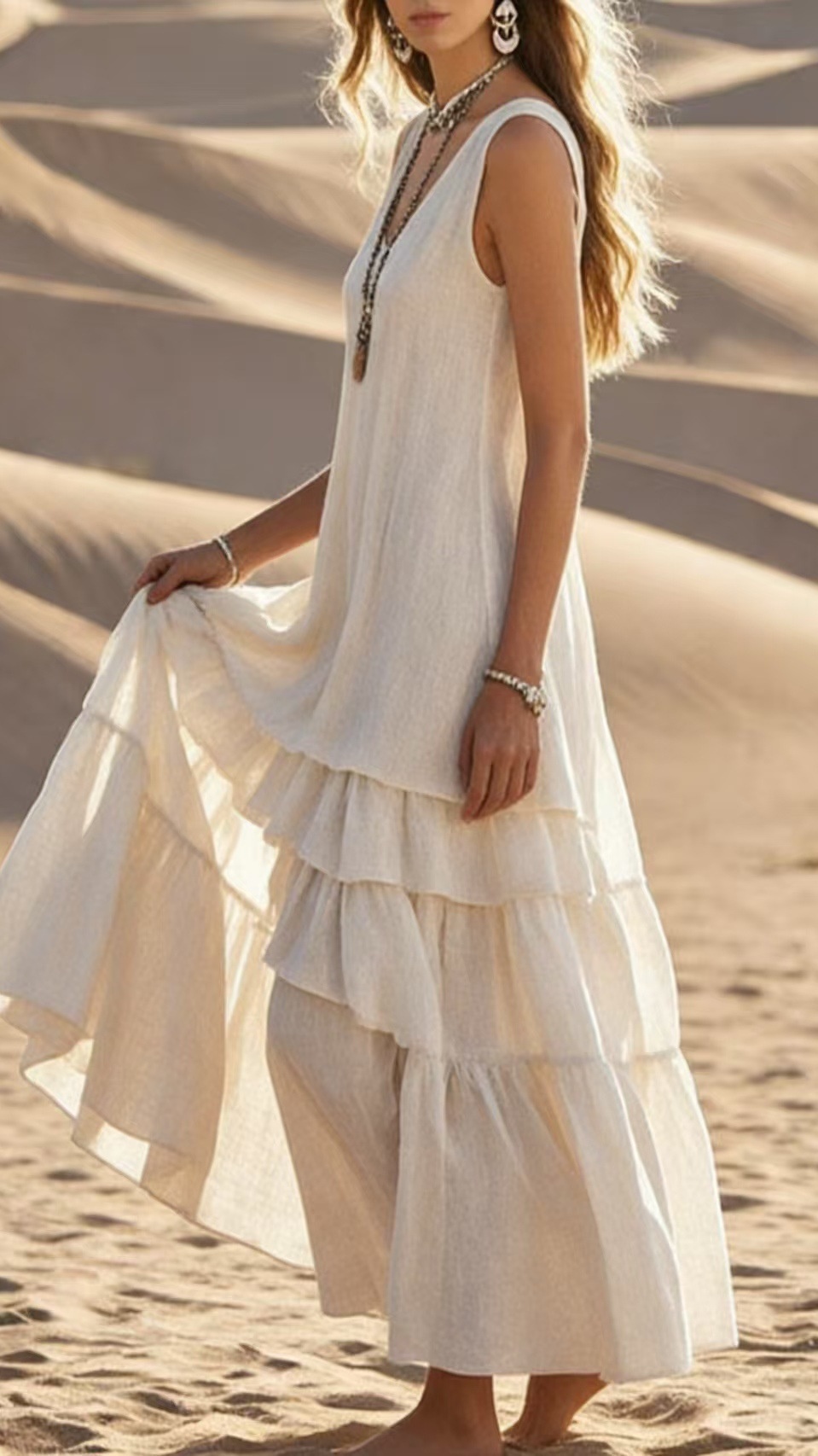 Women's Loose-Fit Sleeveless Cotton-Linen Dress with Wide Flared Hem