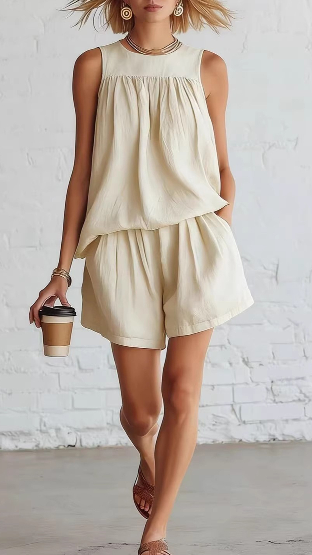 Women's  Cotton Blend Round Neck Sleeveless Top & Matching Shorts Set