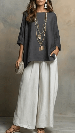 Women's loose-fit linen-blend top and wide-leg trousers set