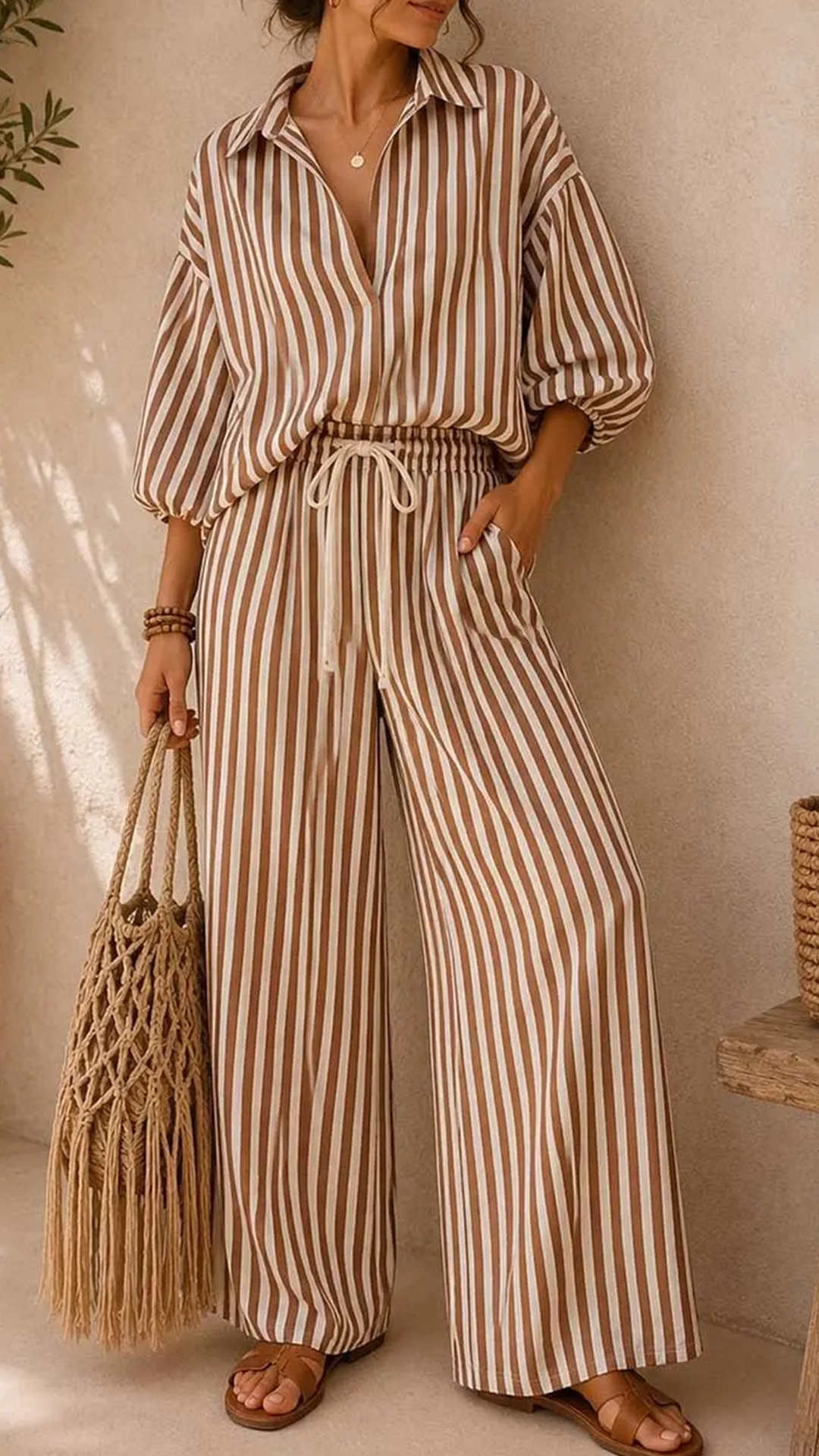 Women's Striped Cotton-Blend Shirt & Wide-Leg Pants Two-Piece Set
