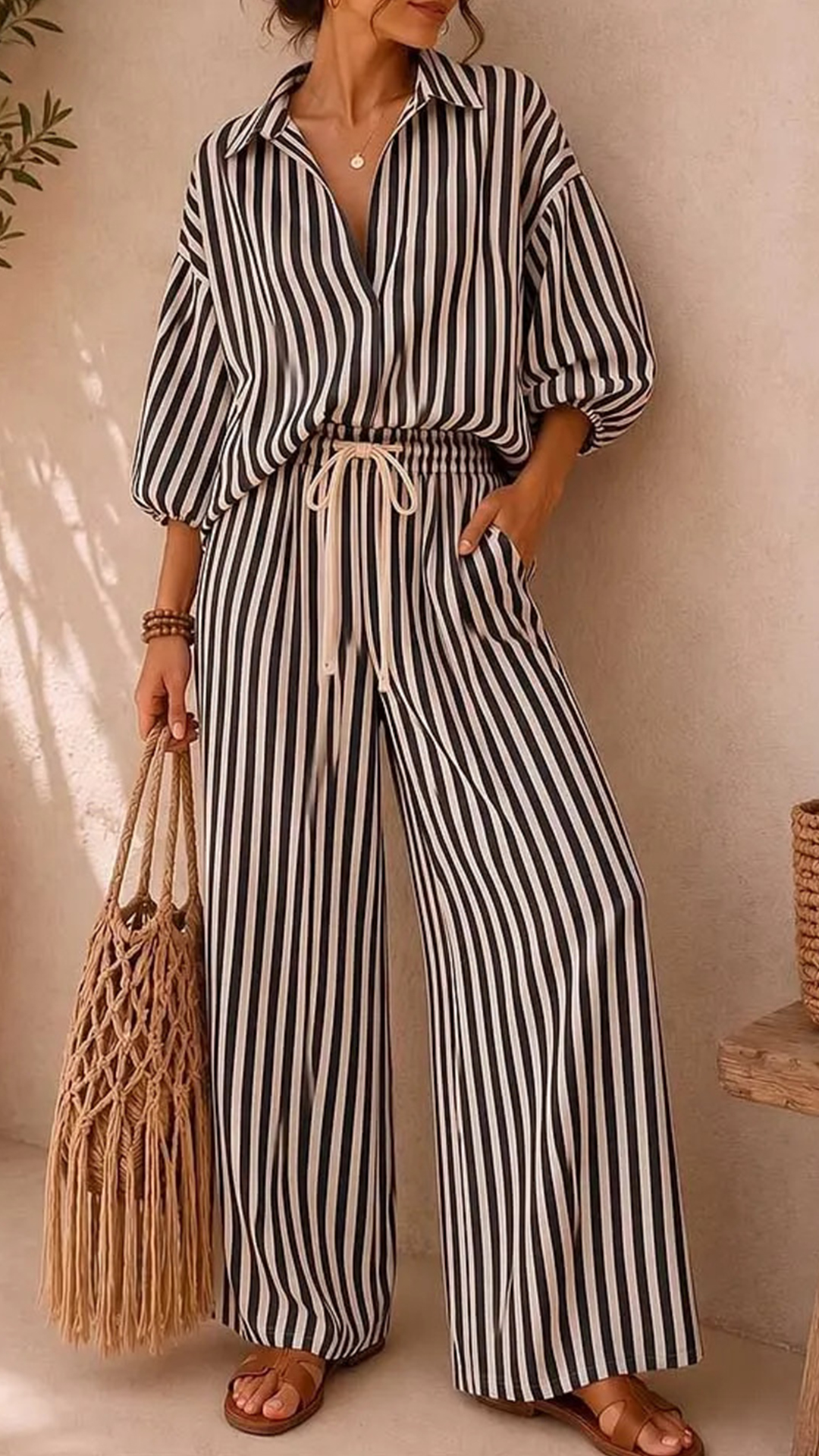 Women's Striped Cotton-Blend Shirt & Wide-Leg Pants Two-Piece Set