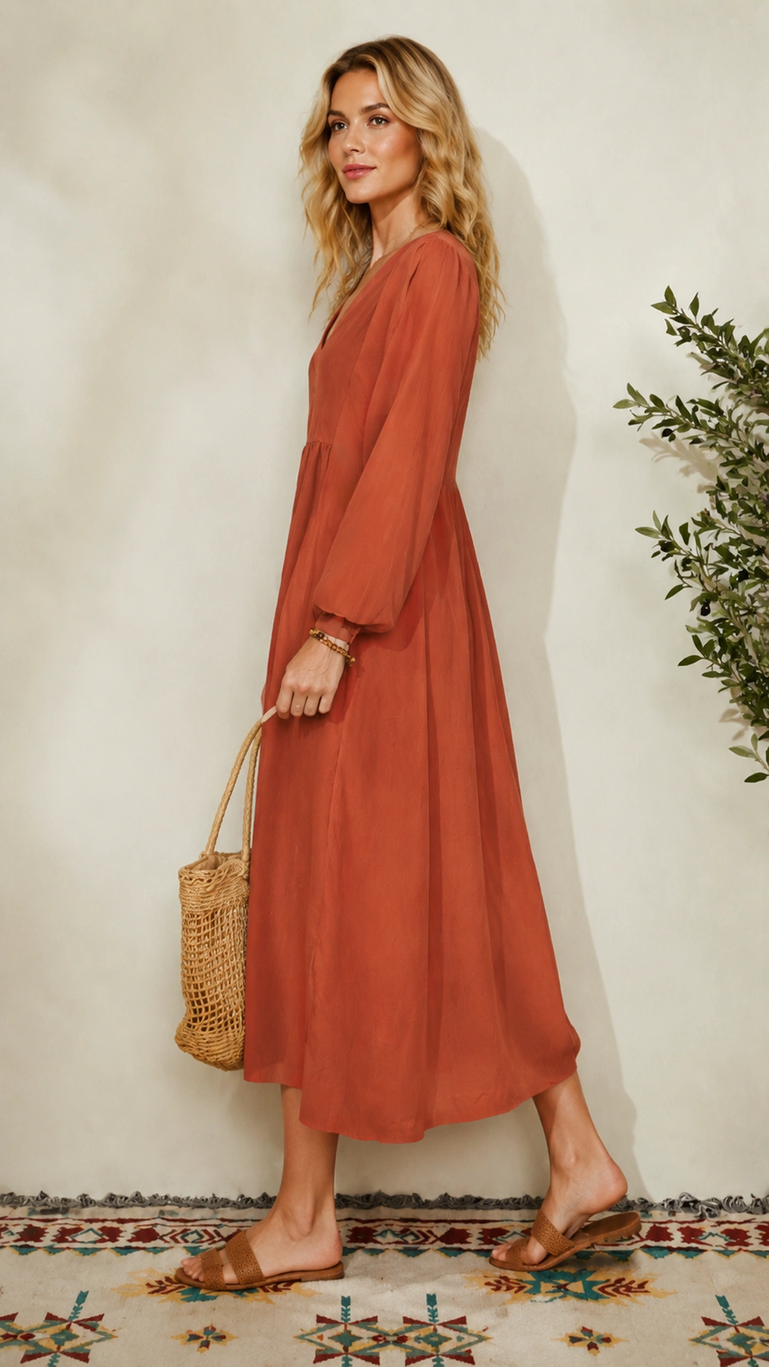 Women's Fashion Loose Fit Lantern Sleeve V Neck Midi Dress