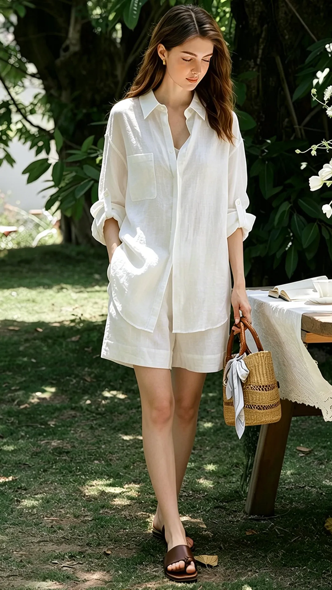 Old Money Style Linen Shirt Set Women Summer Lightweight Sun Protection Shorts Set