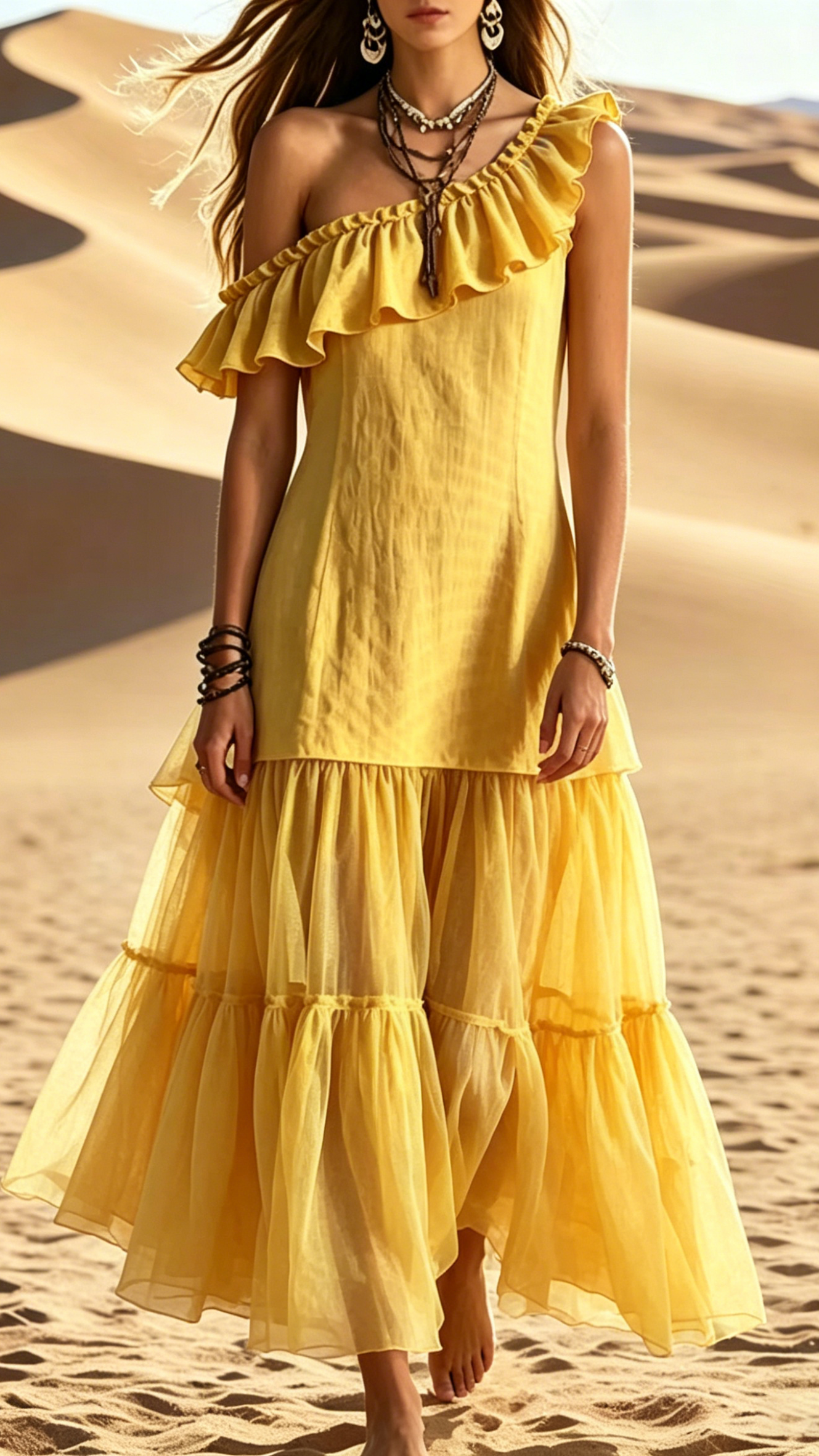Women's Sleeveless Asymmetrical-Neck Dress with Ruffle Splicing