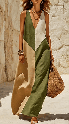 Women's Green & Beige Color Block V-neck Sleeveless Maxi Dress