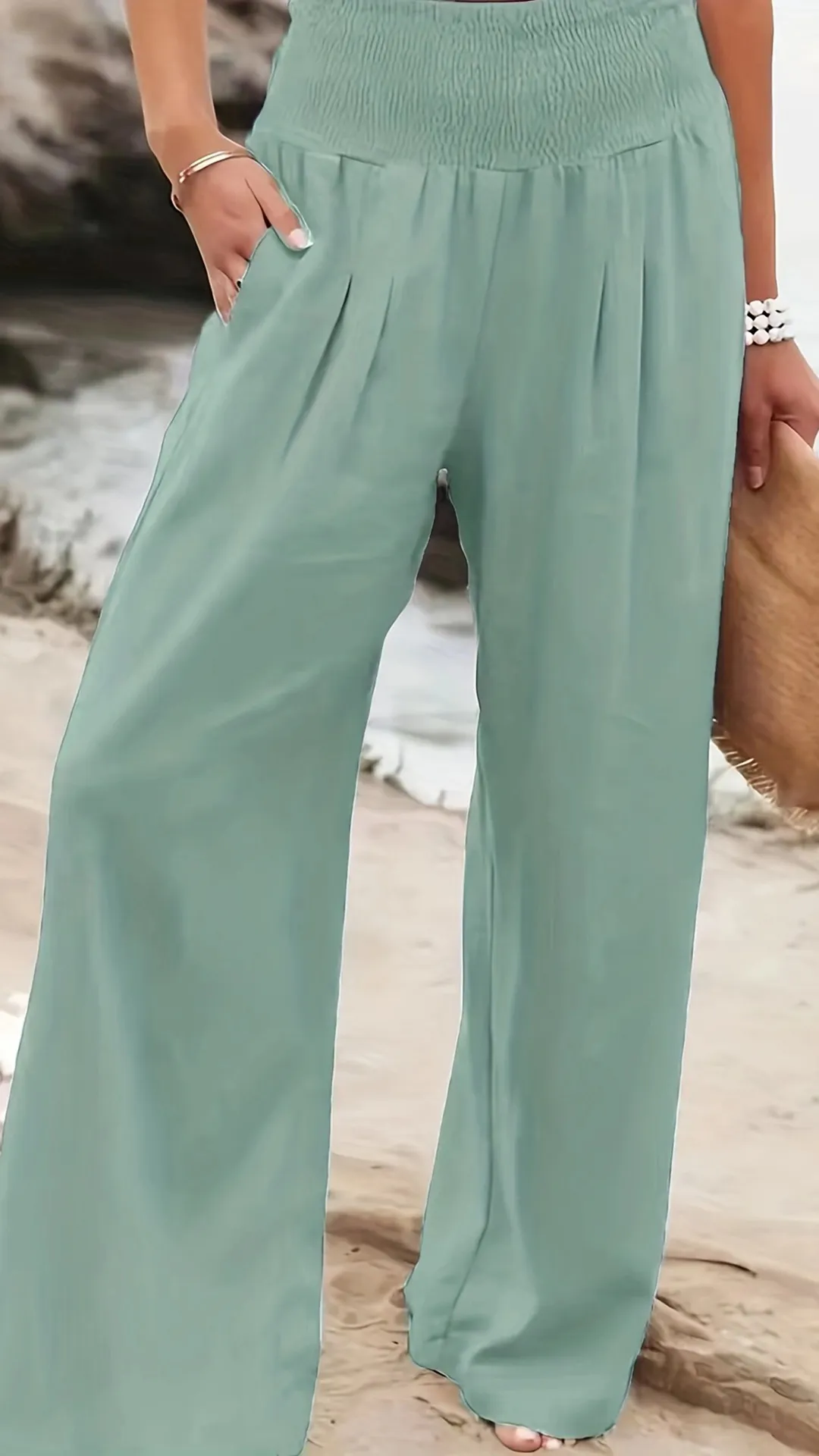 Women's Cotton Blend Smocked High Waist Wide Leg Pants