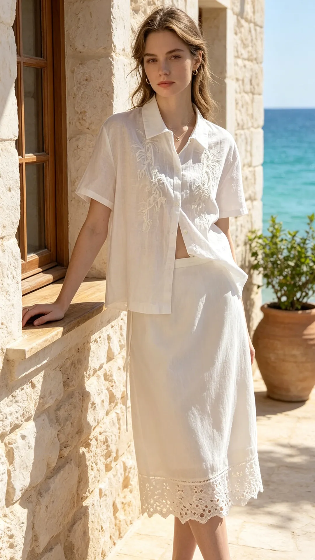 Premium  Natural Linen Heavy Embroidered White Short-Sleeve Shirt for Women