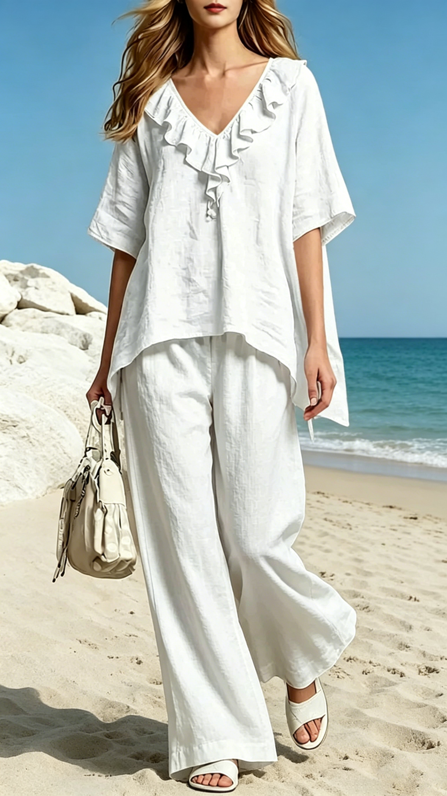 Women's Loose-Fit V-Neck Pullover & Cotton Casual Two-Piece Set