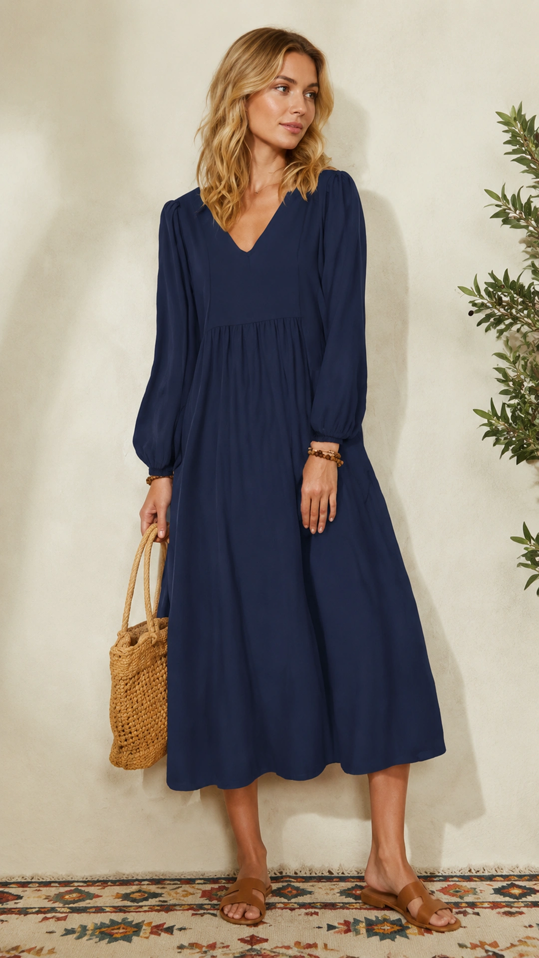 Women's Fashion Loose Fit Lantern Sleeve V Neck Midi Dress