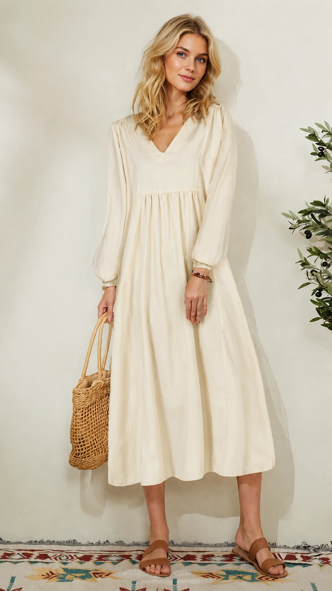 Women's Fashion Loose Fit Lantern Sleeve V Neck Midi Dress
