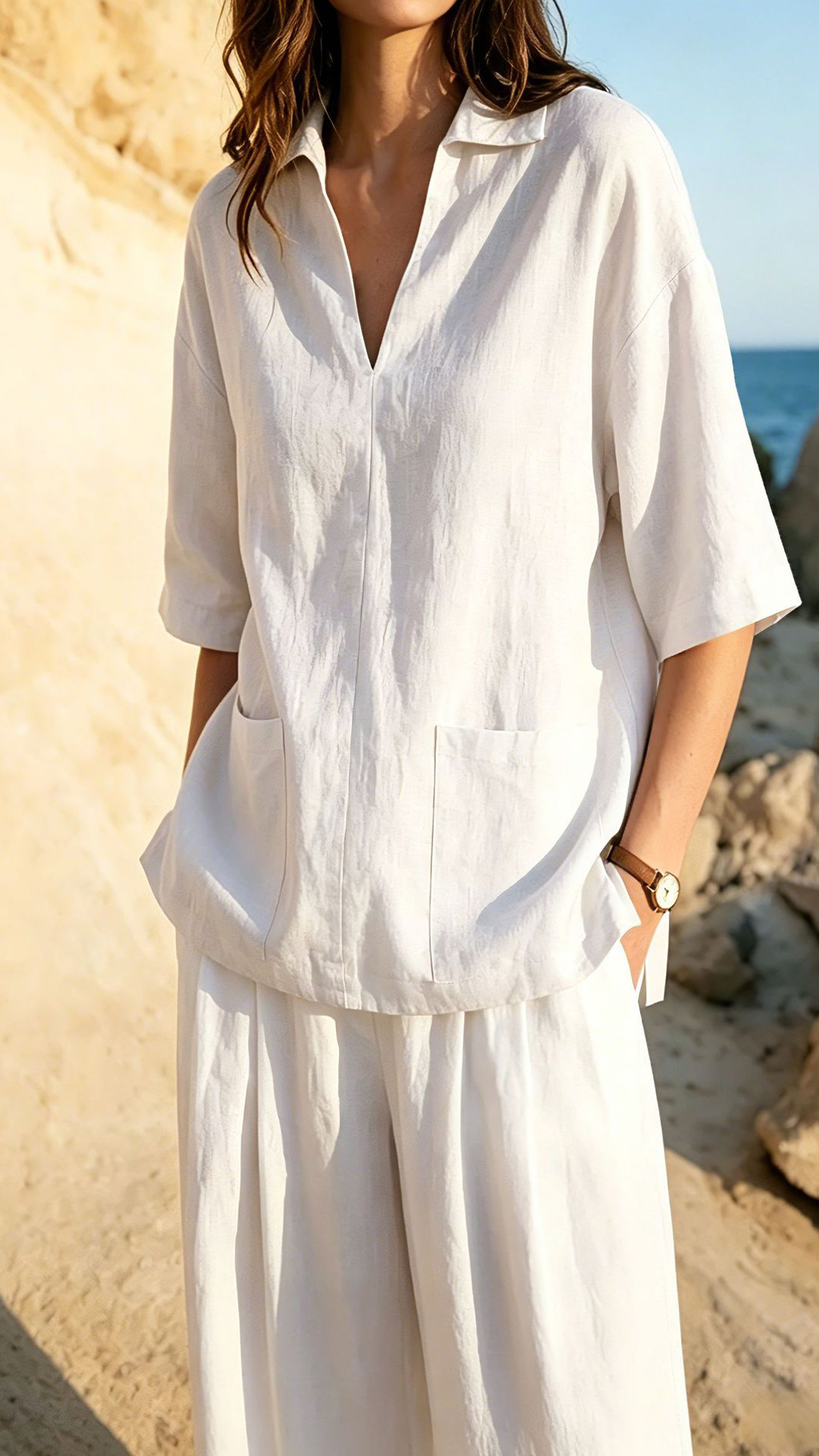 Women's Khaki Collared Mid-sleeve Cotton-blend Blouse