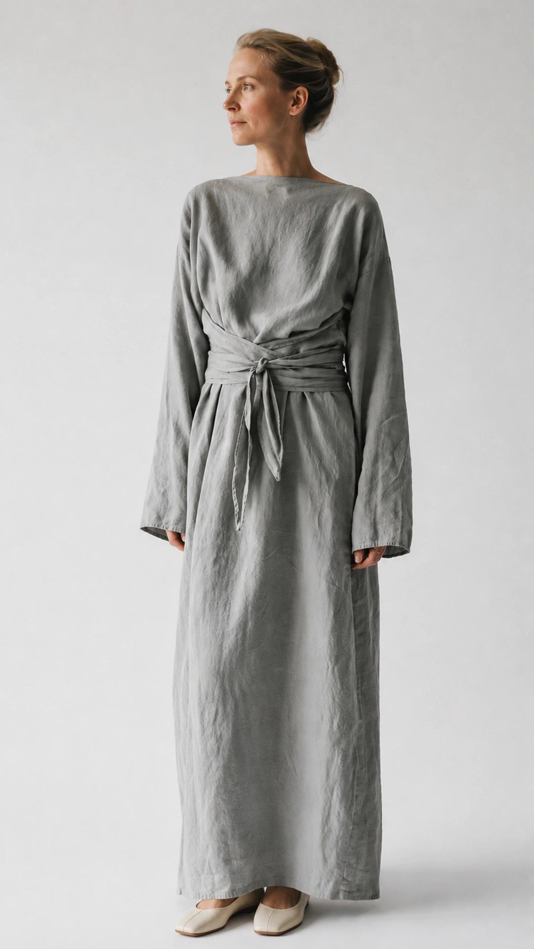 Adjustable Waist Tie Maxi Dress – Elegant Long Sleeve Dress