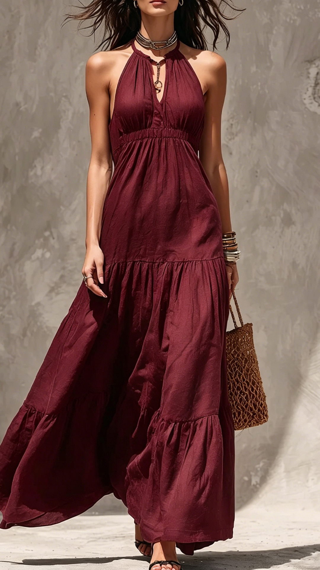 Women's Khaki Halter Waisted Tiered Maxi Dress