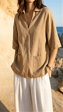 Women's Khaki Collared Mid-sleeve Cotton-blend Blouse