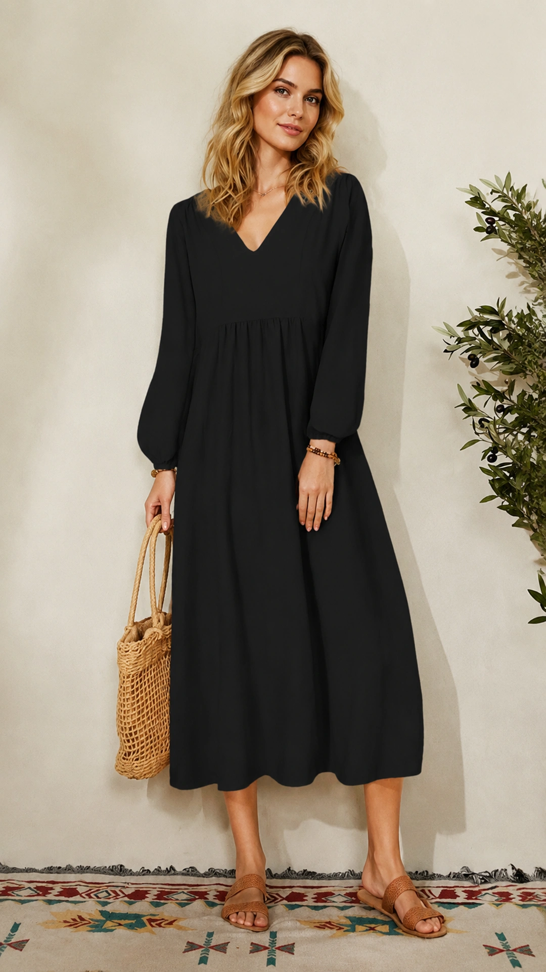 Women's Fashion Loose Fit Lantern Sleeve V Neck Midi Dress