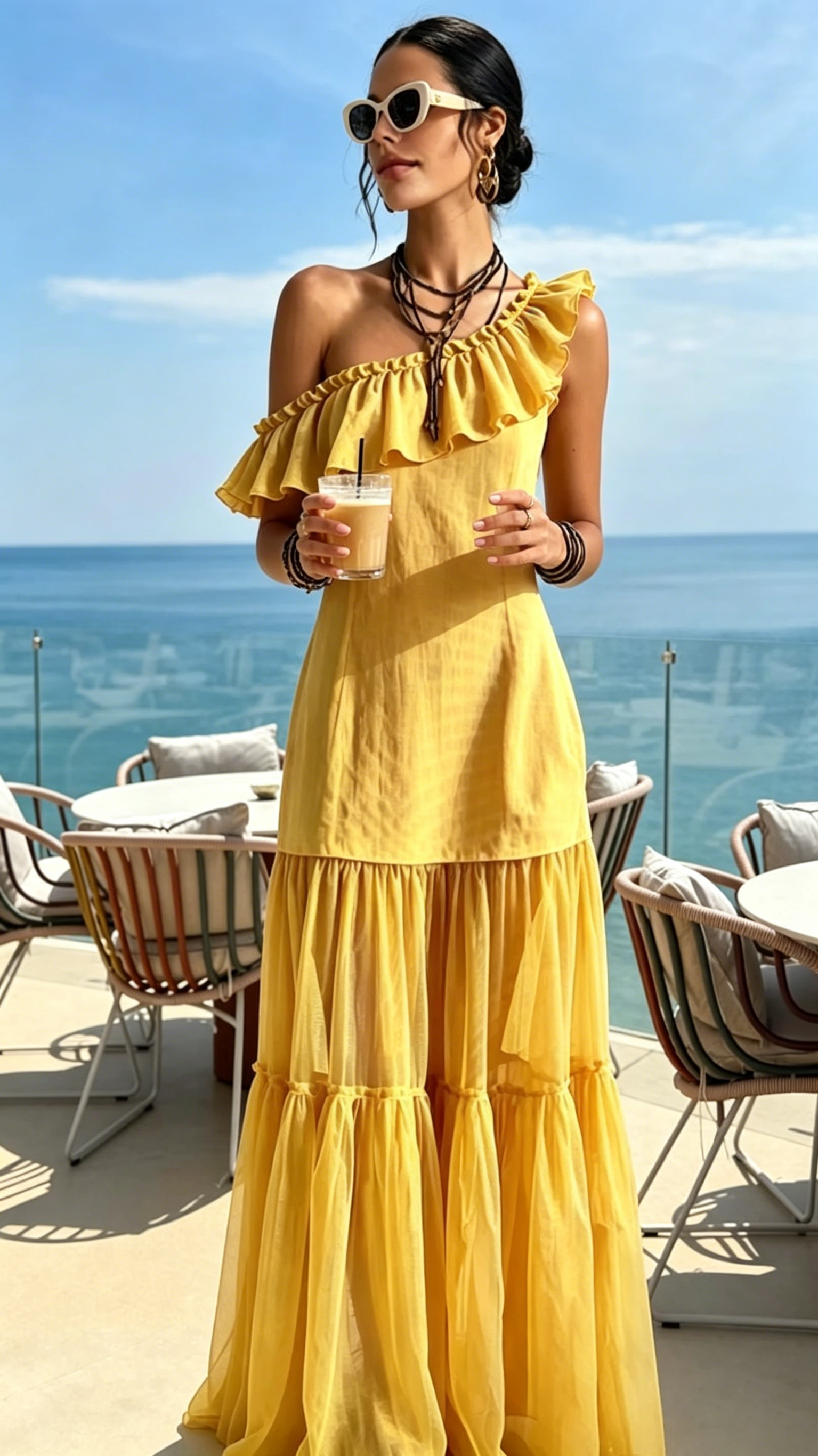 Women's Sleeveless Asymmetrical-Neck Dress with Ruffle Splicing
