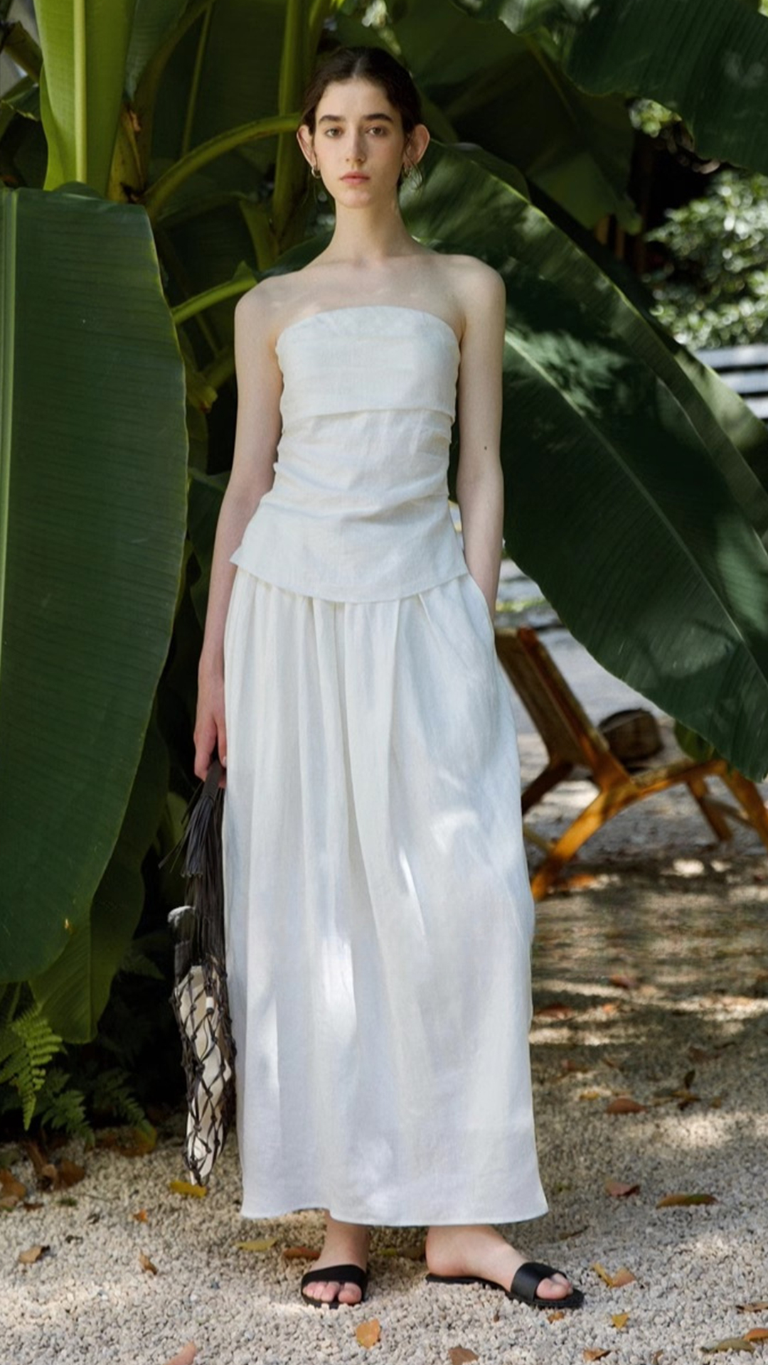 Women's French-style linen strapless top and maxi skirt set