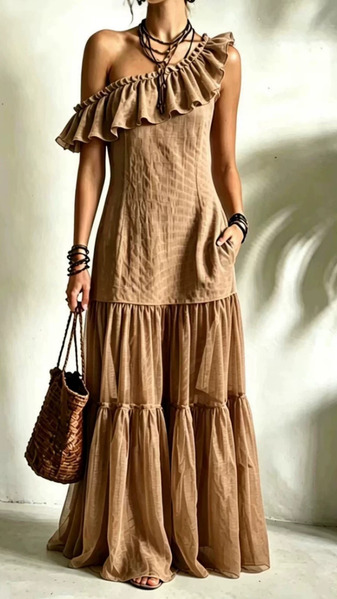 Women's Sleeveless Asymmetrical-Neck Dress with Ruffle Splicing