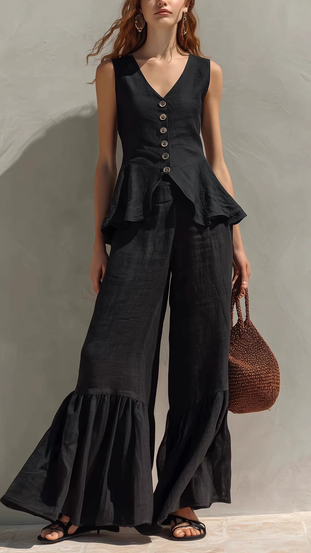 Women's V-Neck Button-Front Top & Linen Ruffled Wide-Leg Pants