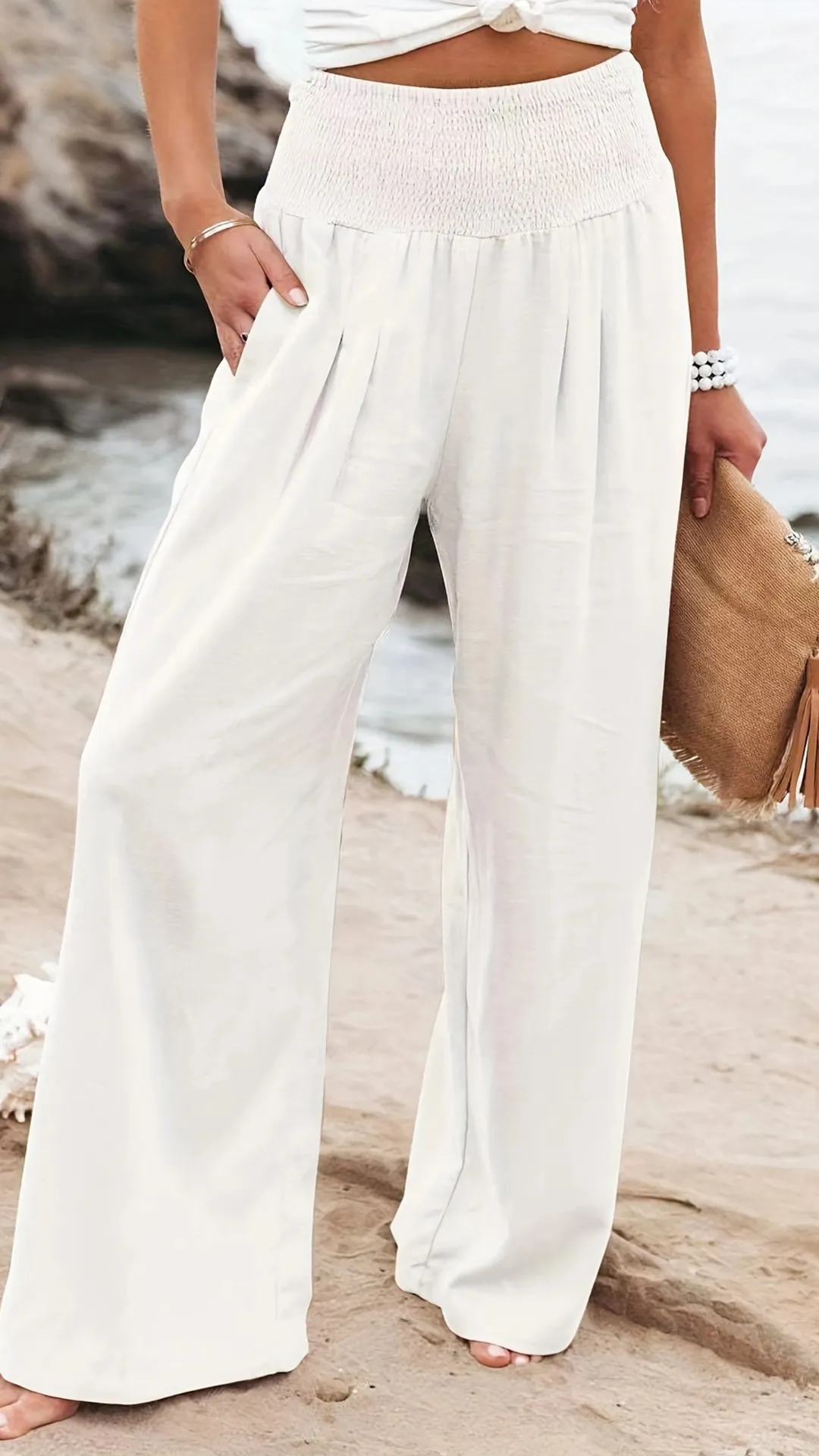 Women's Cotton Blend Smocked High Waist Wide Leg Pants