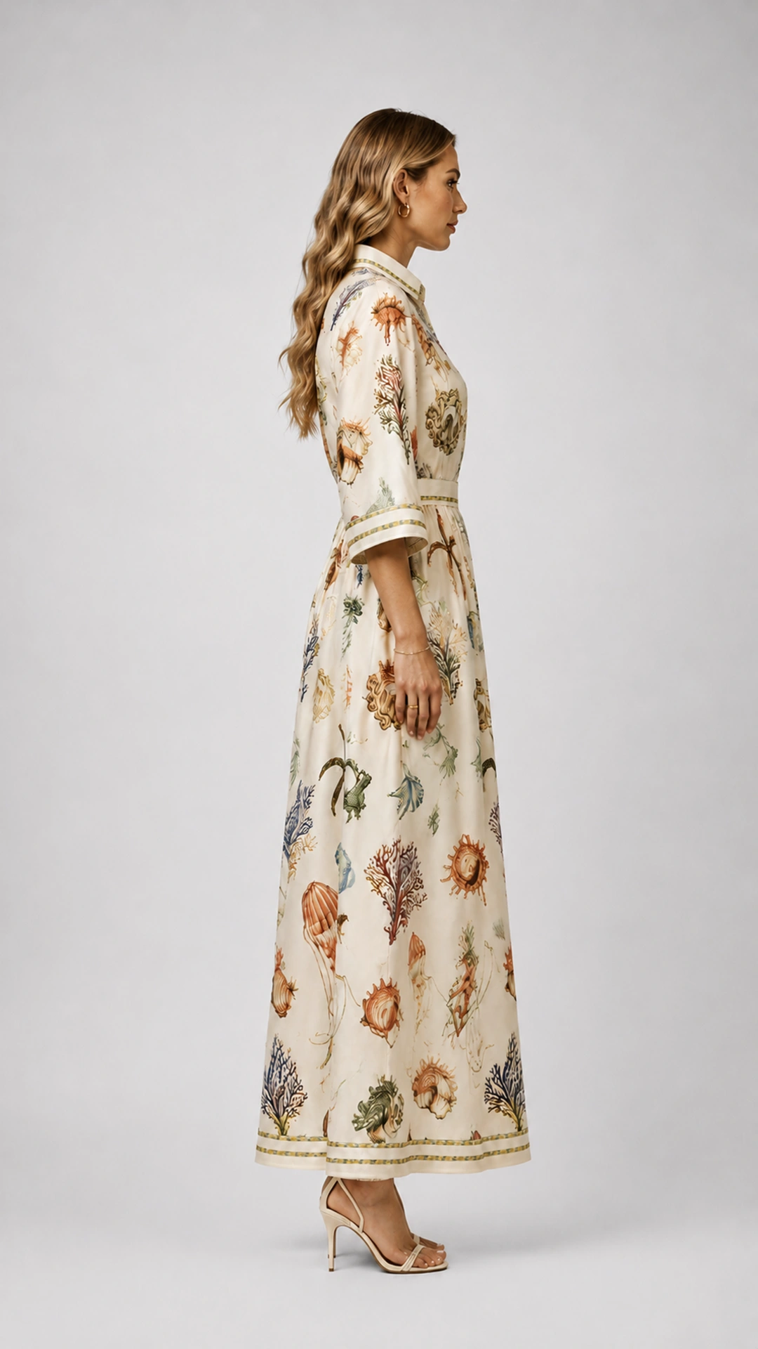 Coastal Print Maxi Dress with Belted Waist