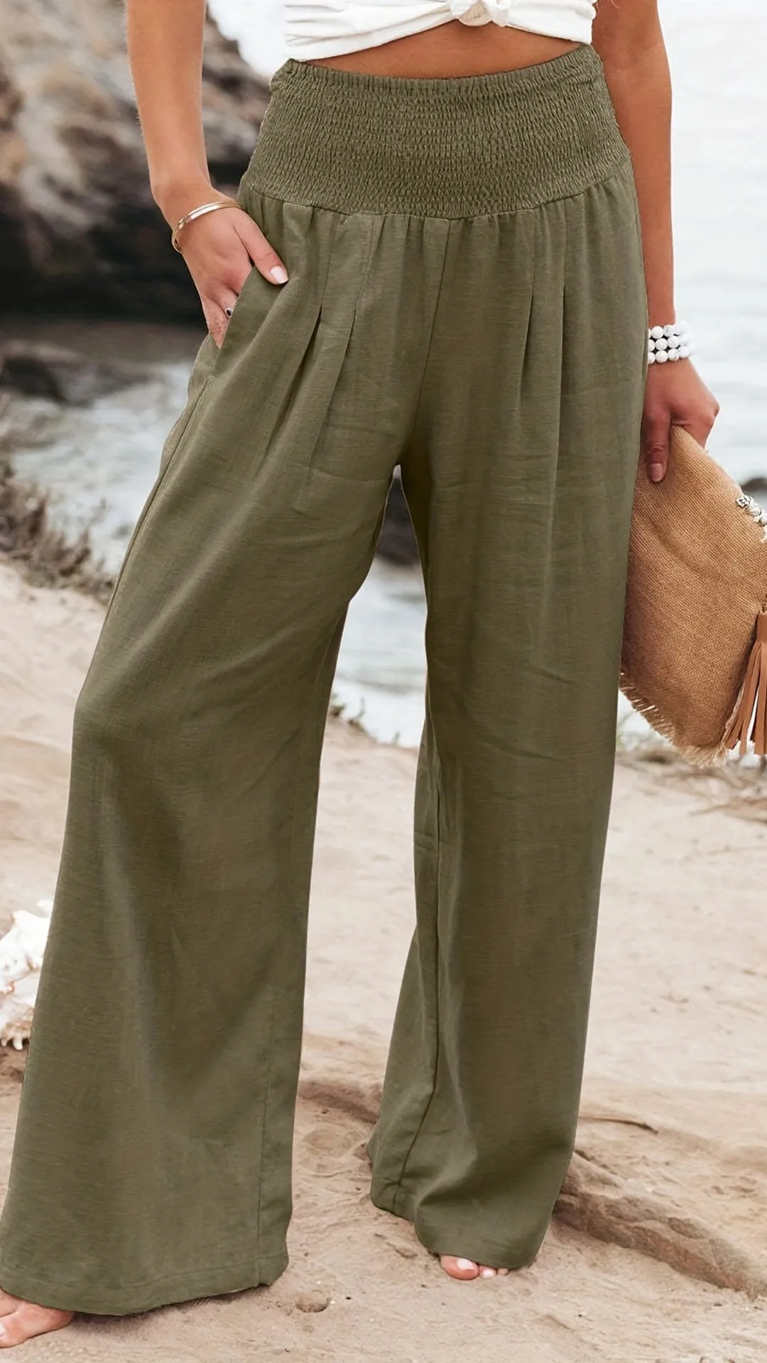 Women's Cotton Blend Smocked High Waist Wide Leg Pants