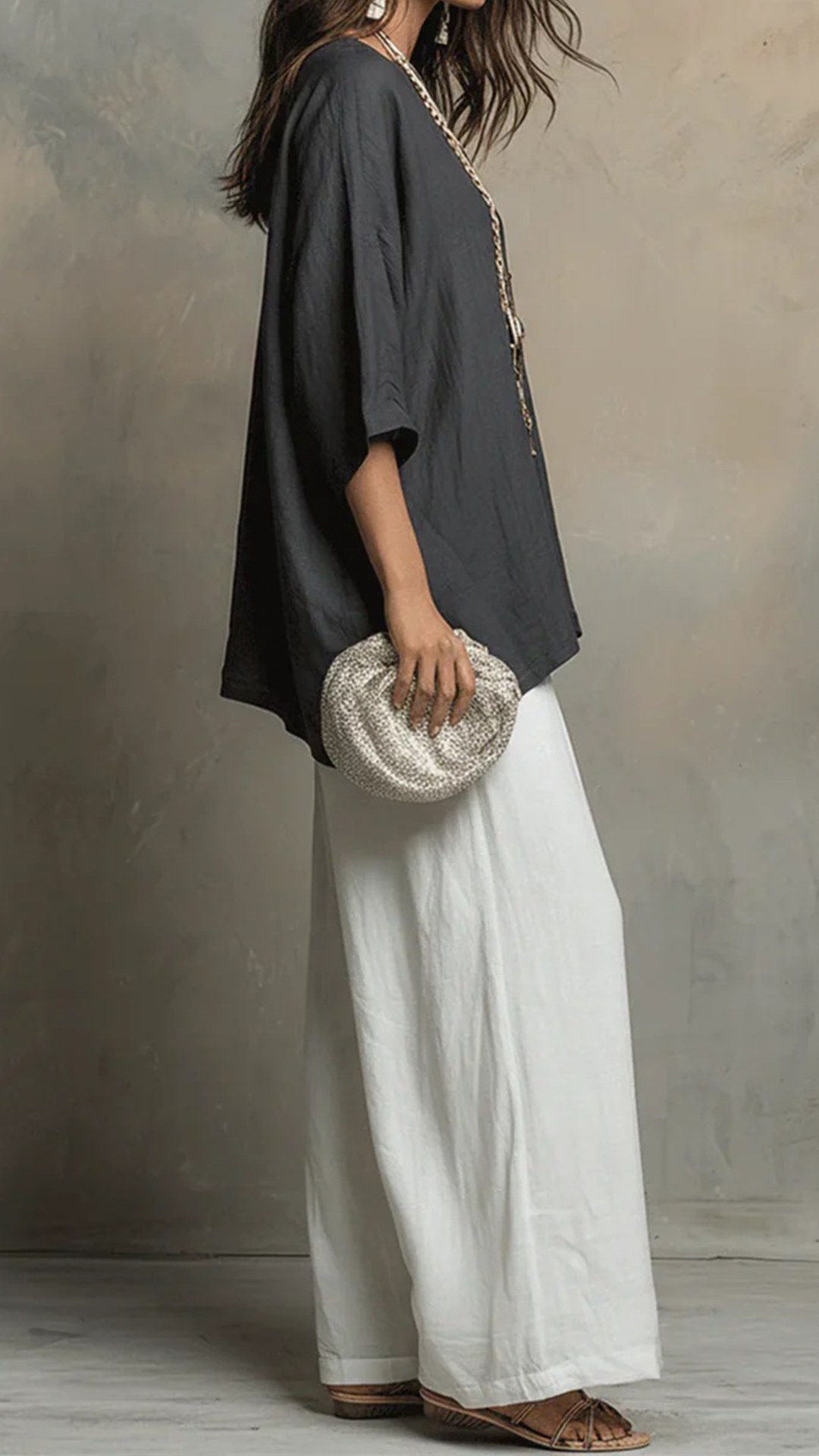 Women's loose-fit linen-blend top and wide-leg trousers set