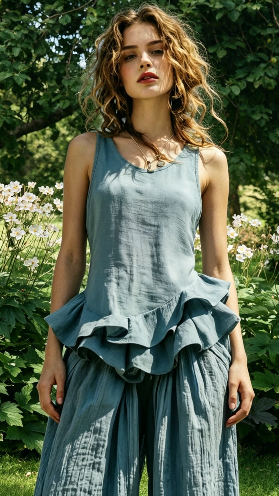 Women's Cotton-Linen Ruffle Sleeveless Vest Top