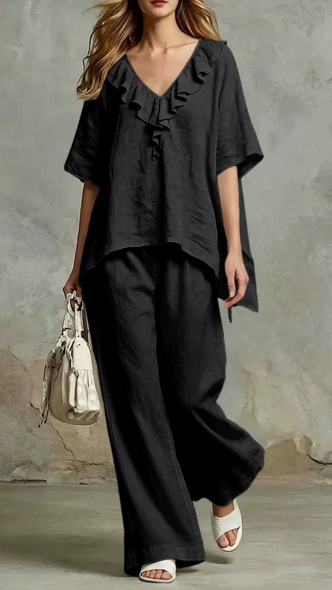 Women's Loose-Fit V-Neck Pullover & Cotton Casual Two-Piece Set