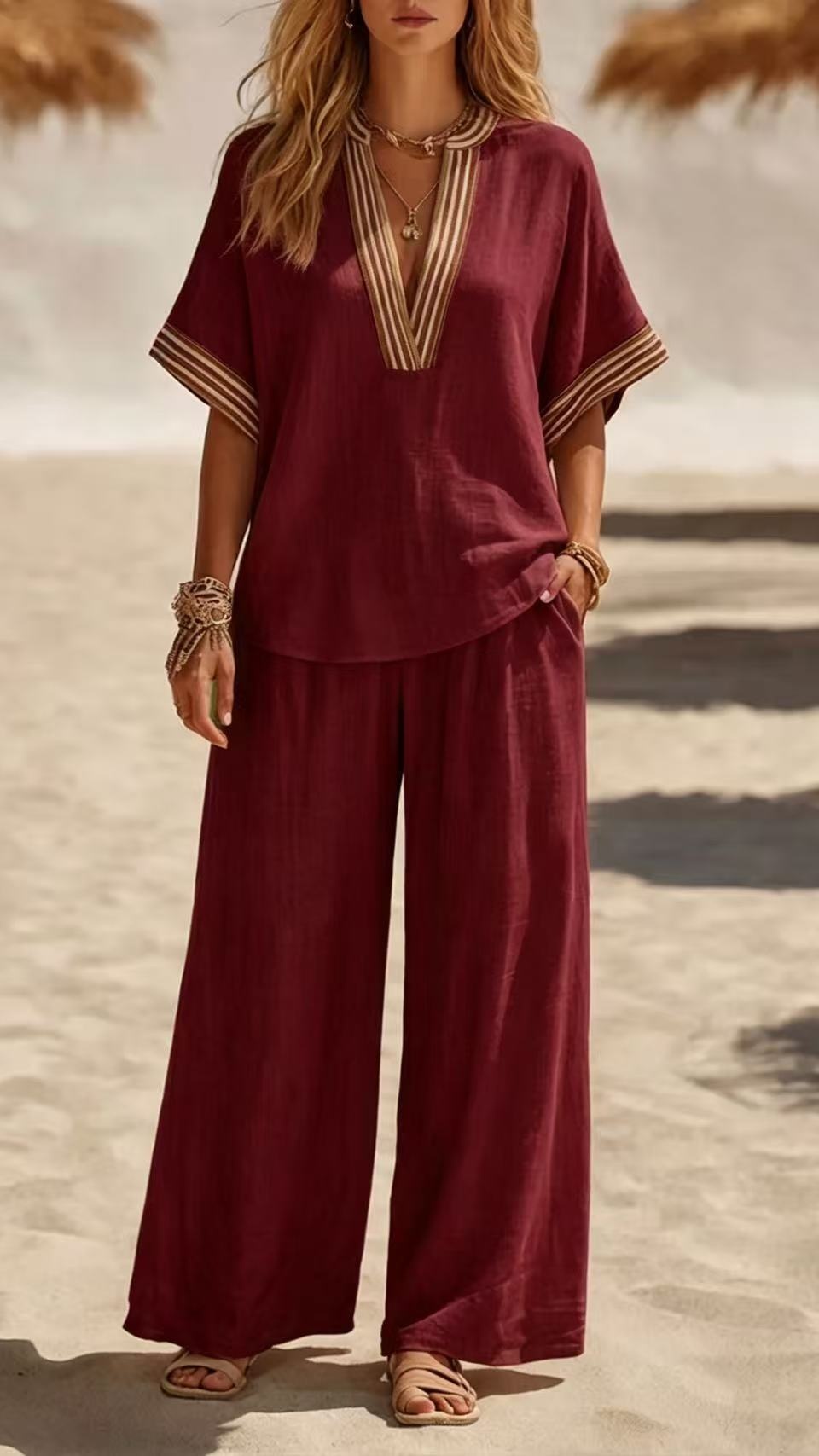 Women's Sleeveless Solid-Color Top and Wide-Leg Pants Two-Piece Set