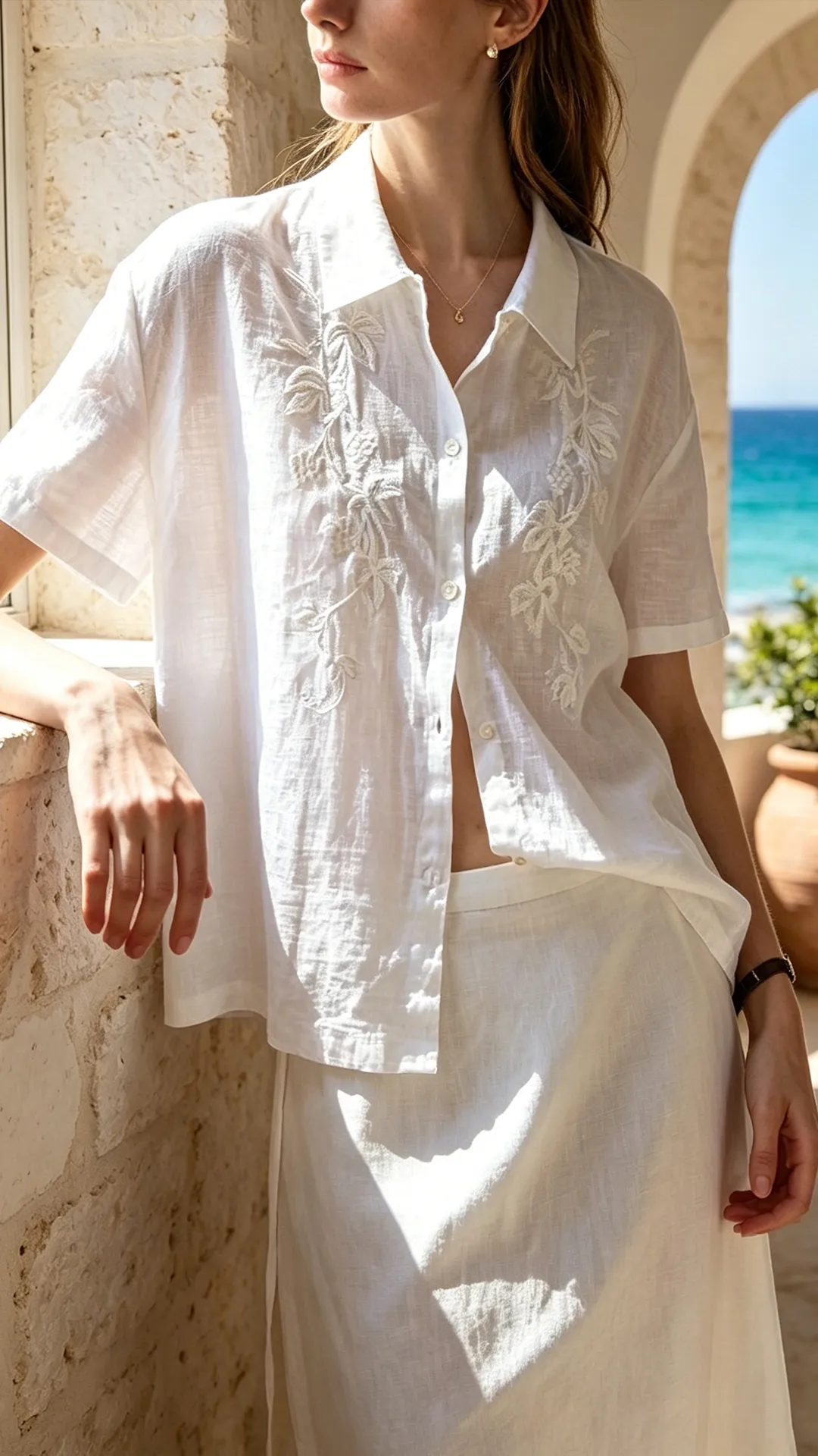 Premium  Natural Linen Heavy Embroidered White Short-Sleeve Shirt for Women