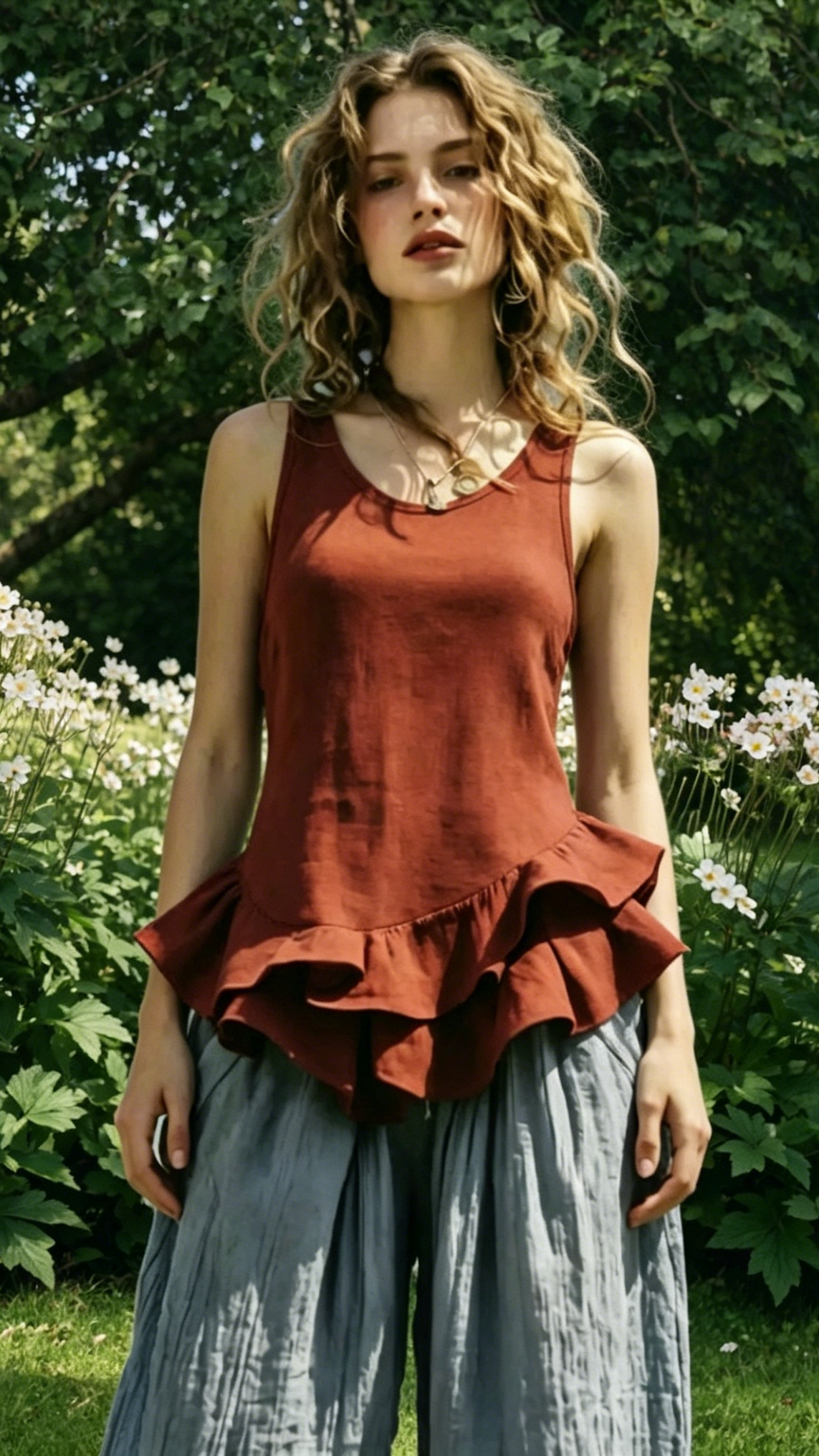 Women's Cotton-Linen Ruffle Sleeveless Vest Top