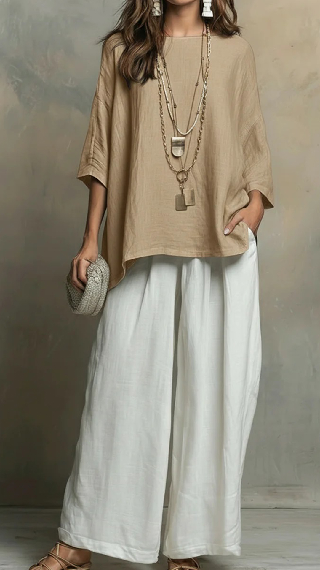 Women's loose-fit linen-blend top and wide-leg trousers set