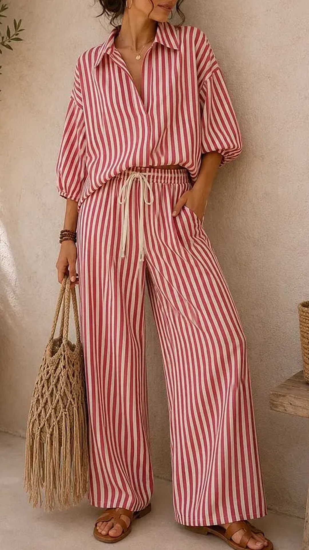 Women's Striped Cotton-Blend Shirt & Wide-Leg Pants Two-Piece Set