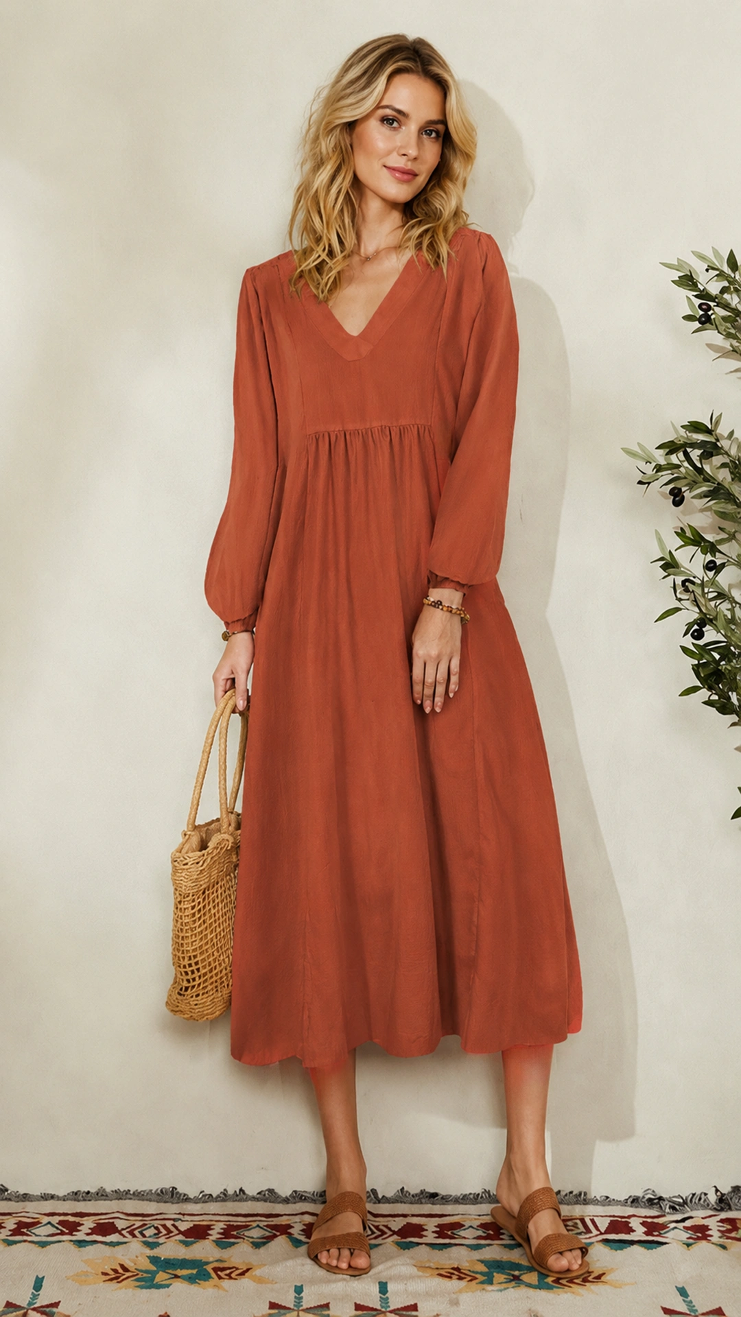Women's Fashion Loose Fit Lantern Sleeve V Neck Midi Dress